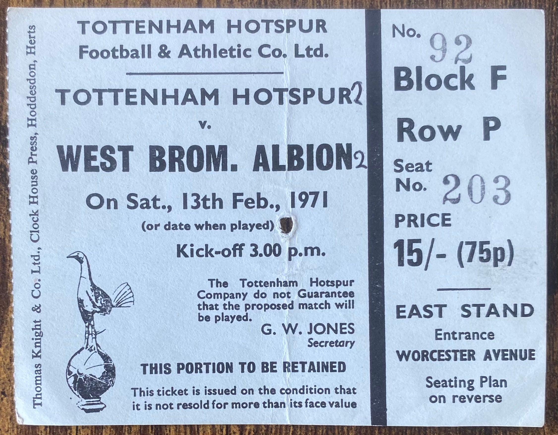 1970/71 ORIGINAL DIVISION ONE TICKET TOTTENHAM HOTSPUR V WEST BROMWICH ALBION