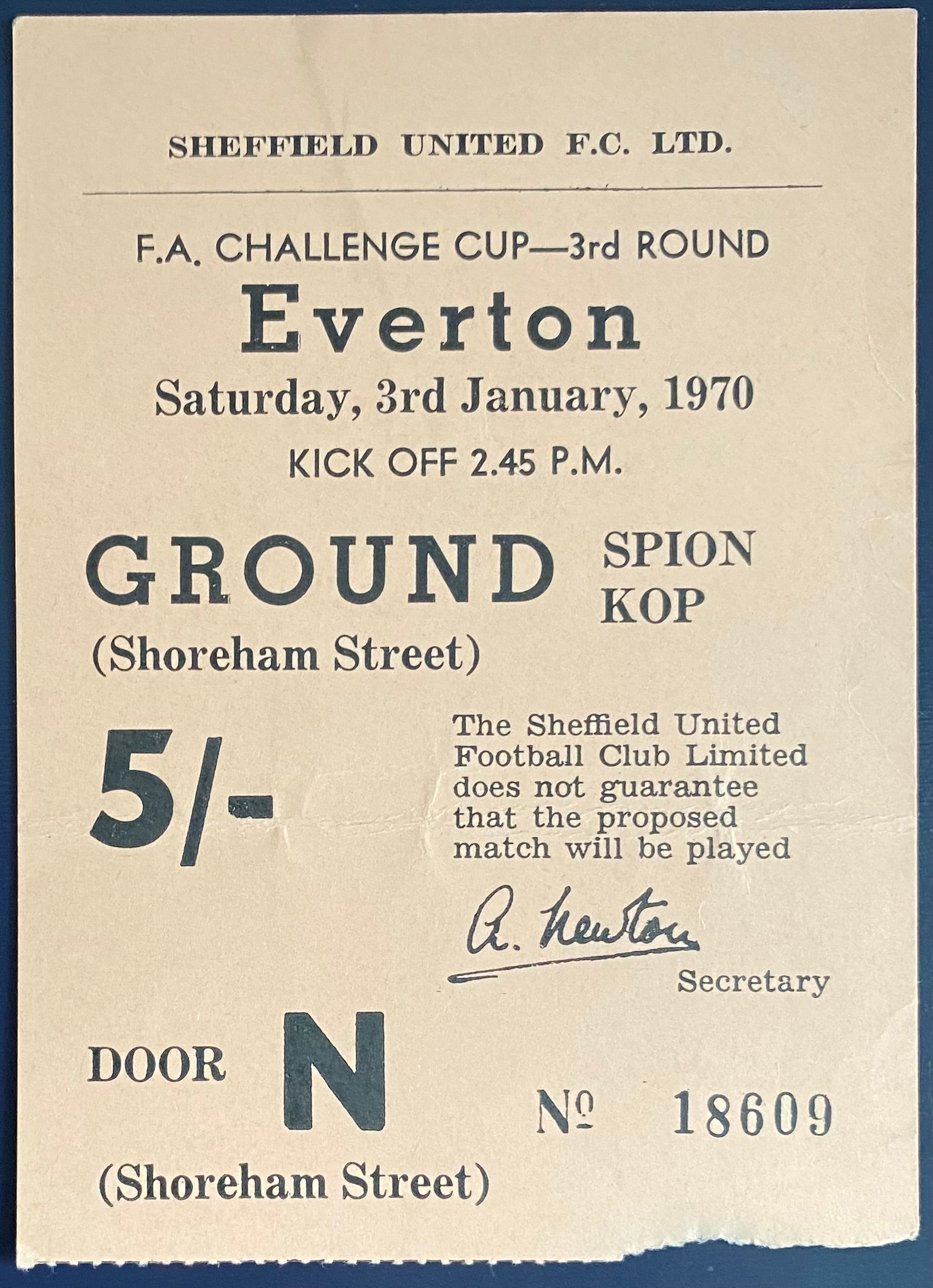 1969/70 ORIGINAL FA CUP 3RD ROUND TICKET SHEFFIELD UNITED V EVERTON