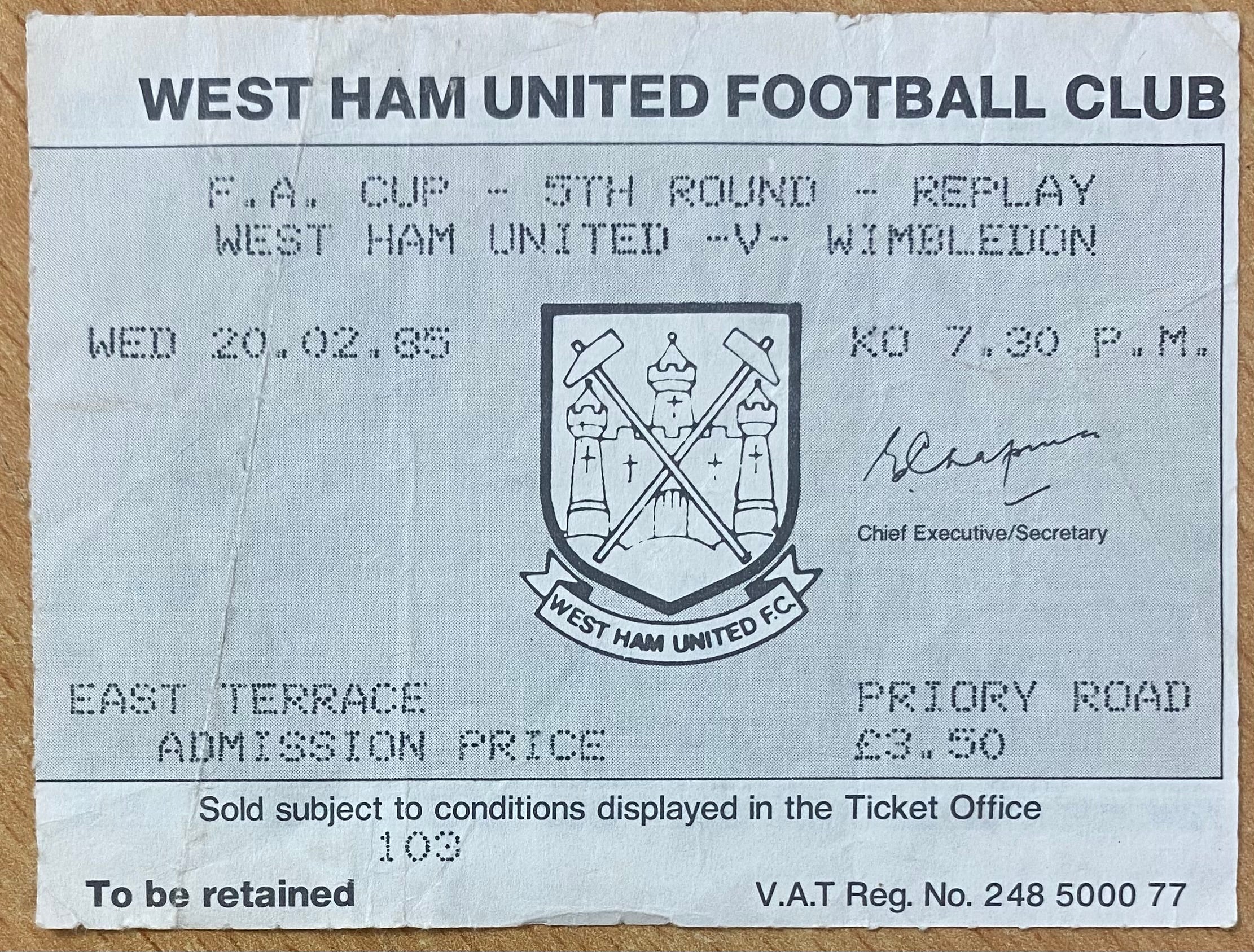 1984/85 ORIGINAL FA CUP 5TH ROUND REPLAY TICKET WEST HAM UNITED V WIMBLEDON