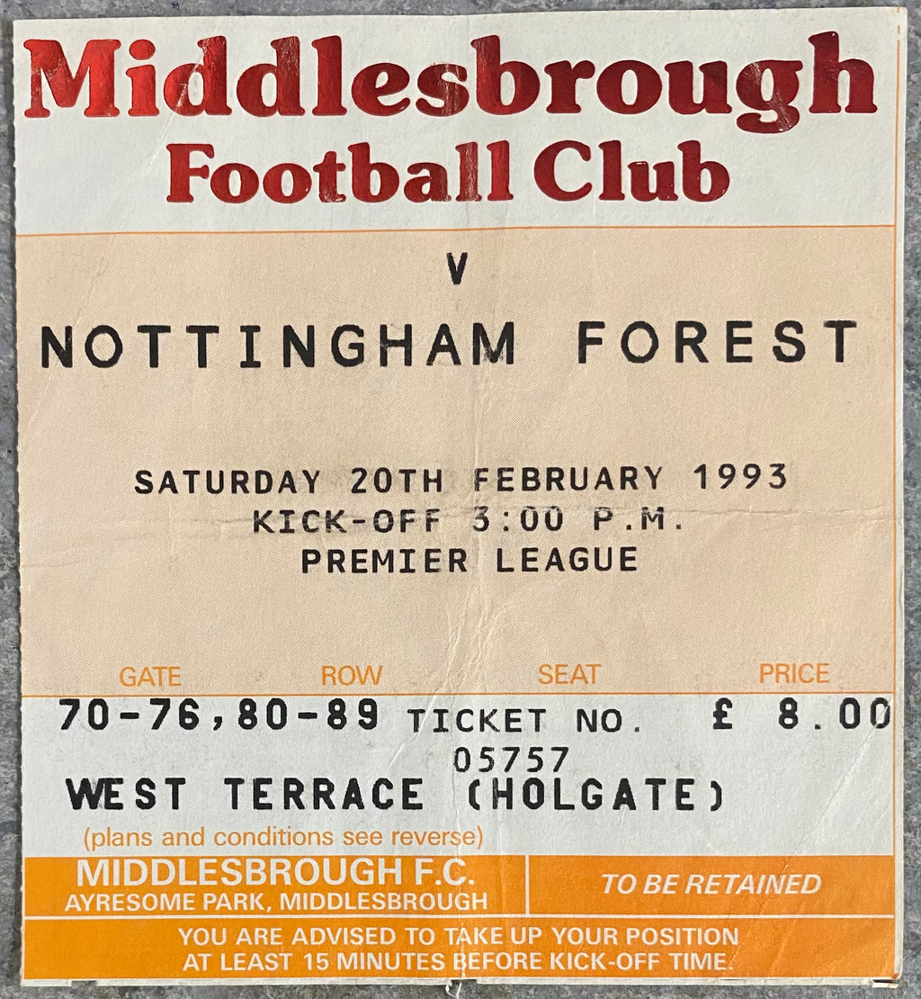 1992/93 ORIGINAL PREMIER LEAGUE TICKET MIDDLESBROUGH V NOTTINGHAM FOREST