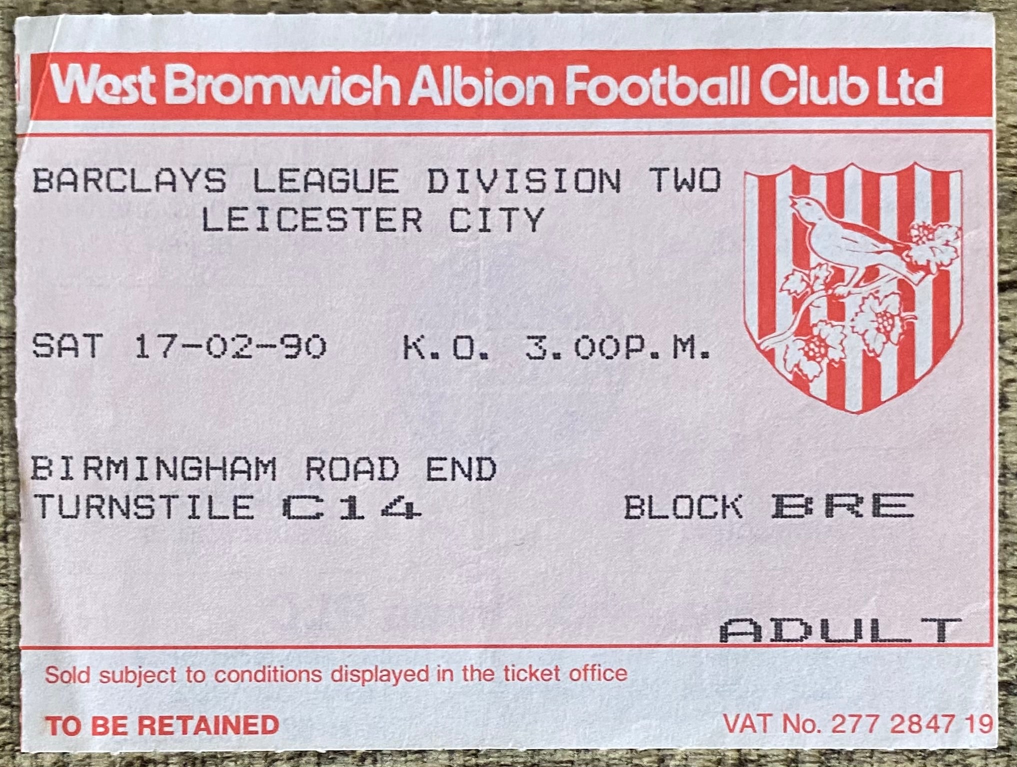 1989/90 ORIGINAL DIVISION 2 TICKET WEST BROMWICH ALBION V LEICESTER CITY
