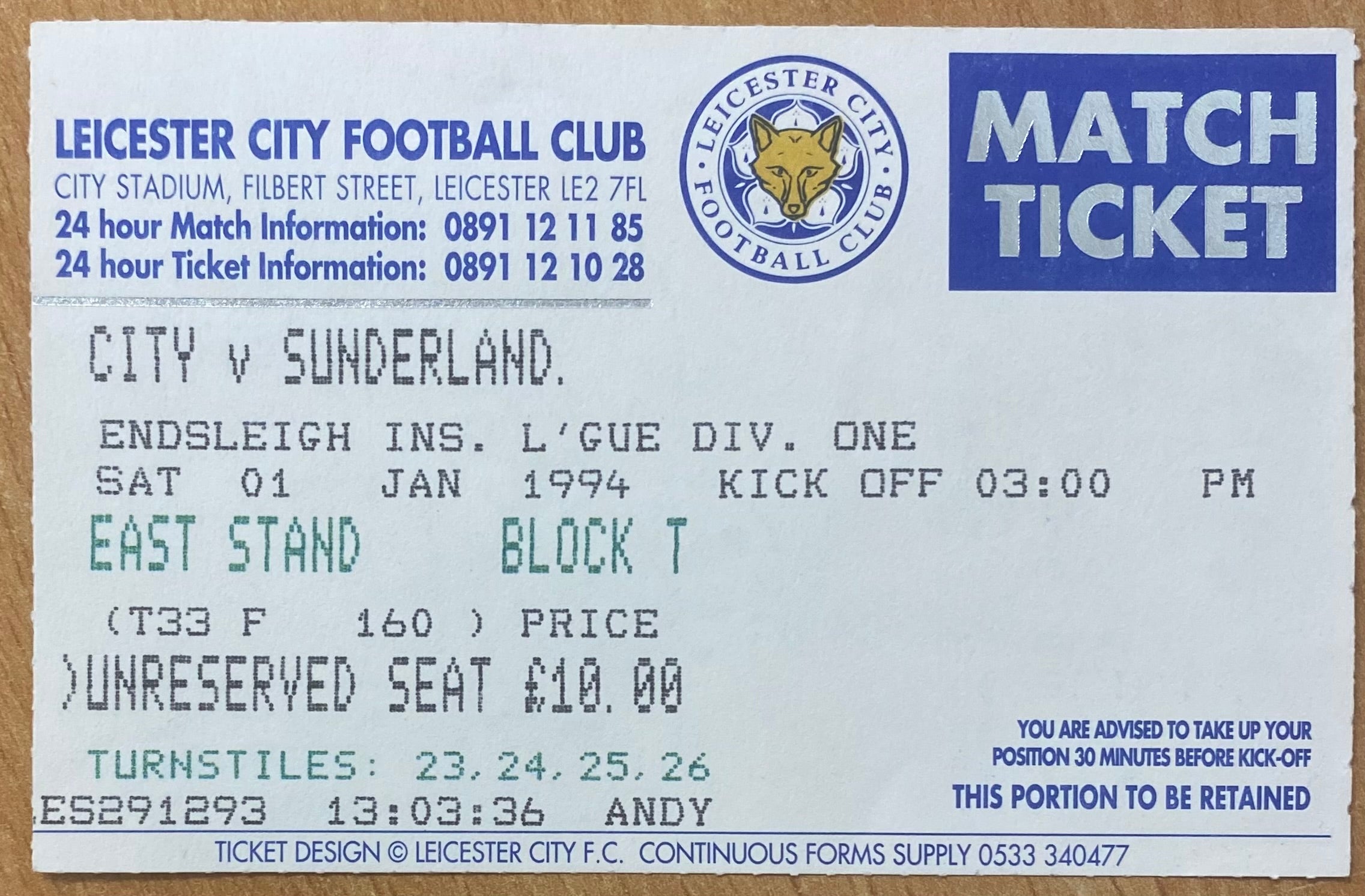 1993/94 ORIGINAL DIVISION 1 TICKET LEICESTER CITY V SUNDERLAND