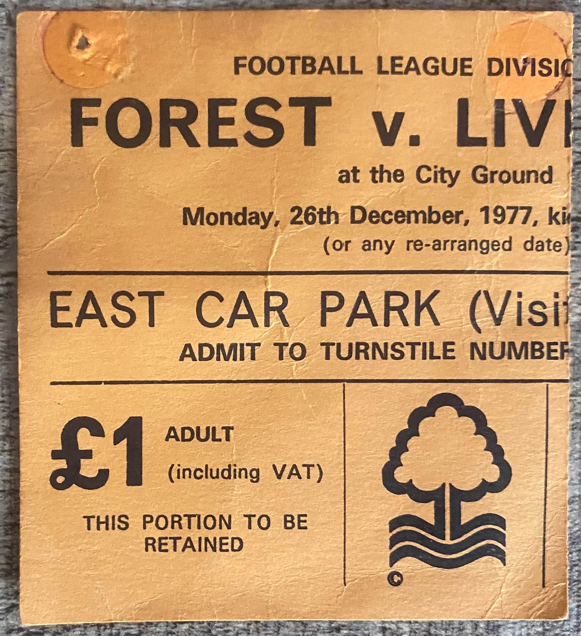 1977/78 ORIGINAL DIVISION 1 TICKET NOTTINGHAM FOREST V LIVERPOOL