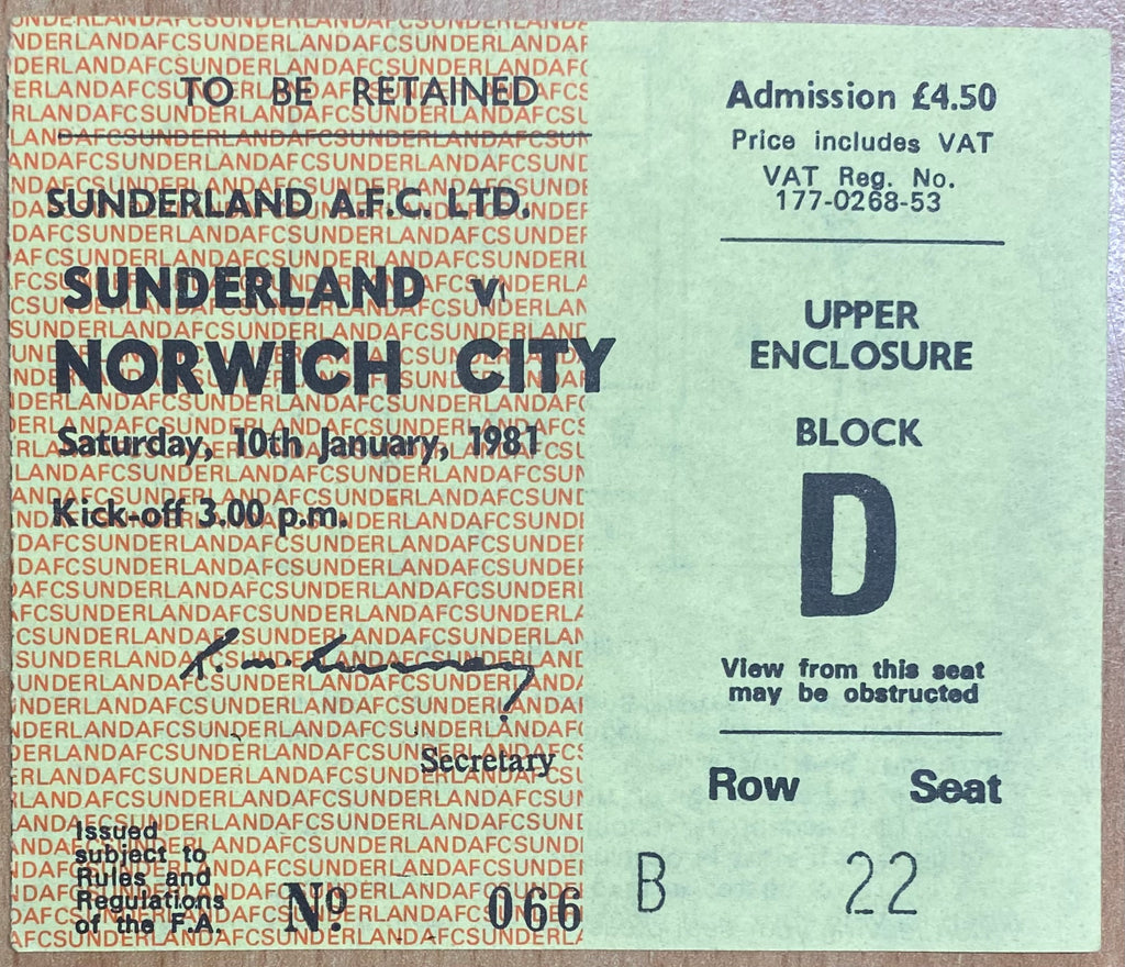 1980/81 ORIGINAL DIVISION 1 TICKET SUNDERLAND V NORWICH CITY