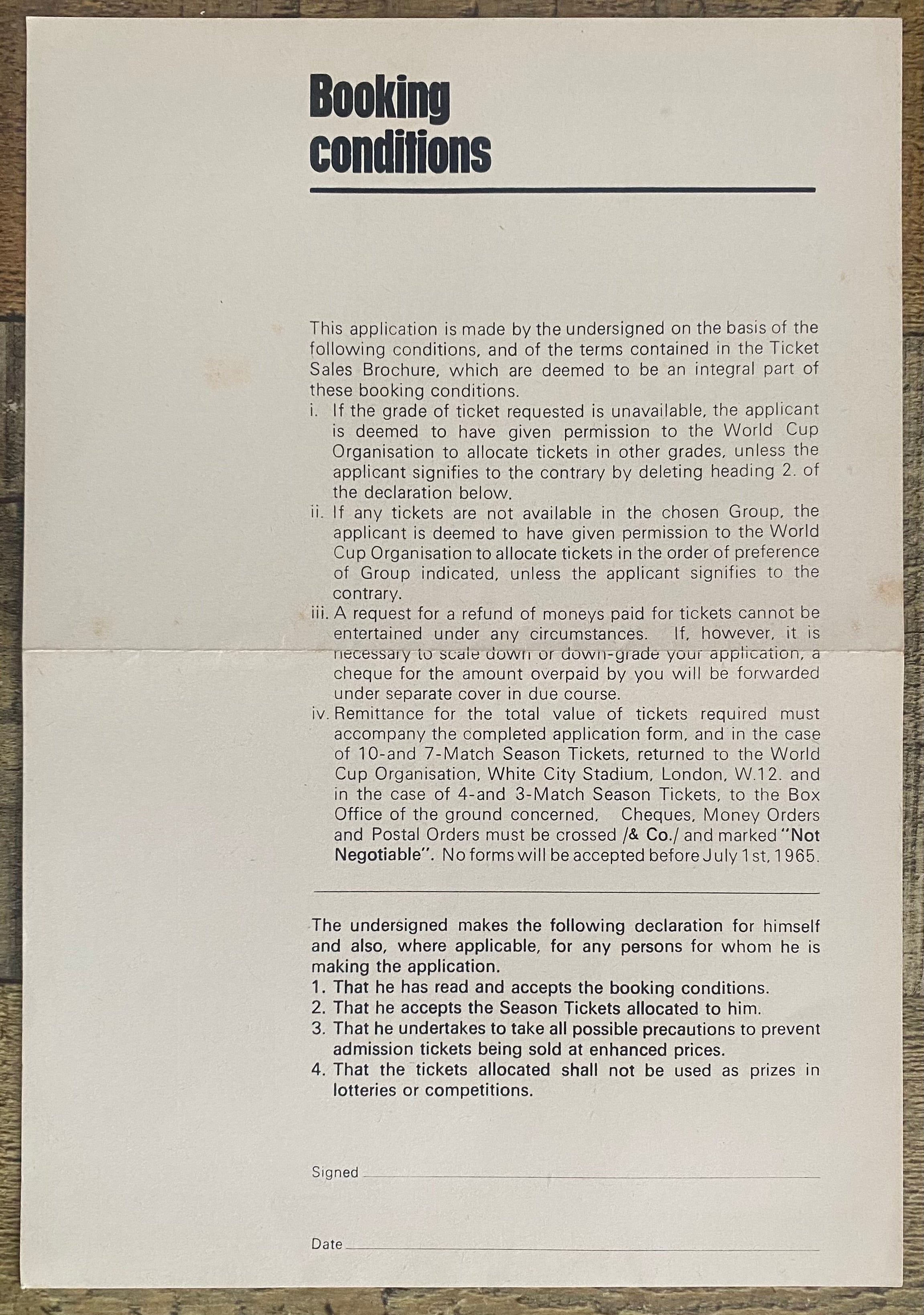1966 WORLD CUP ORIGINAL OFFICIAL TICKET APPLICATION FORM