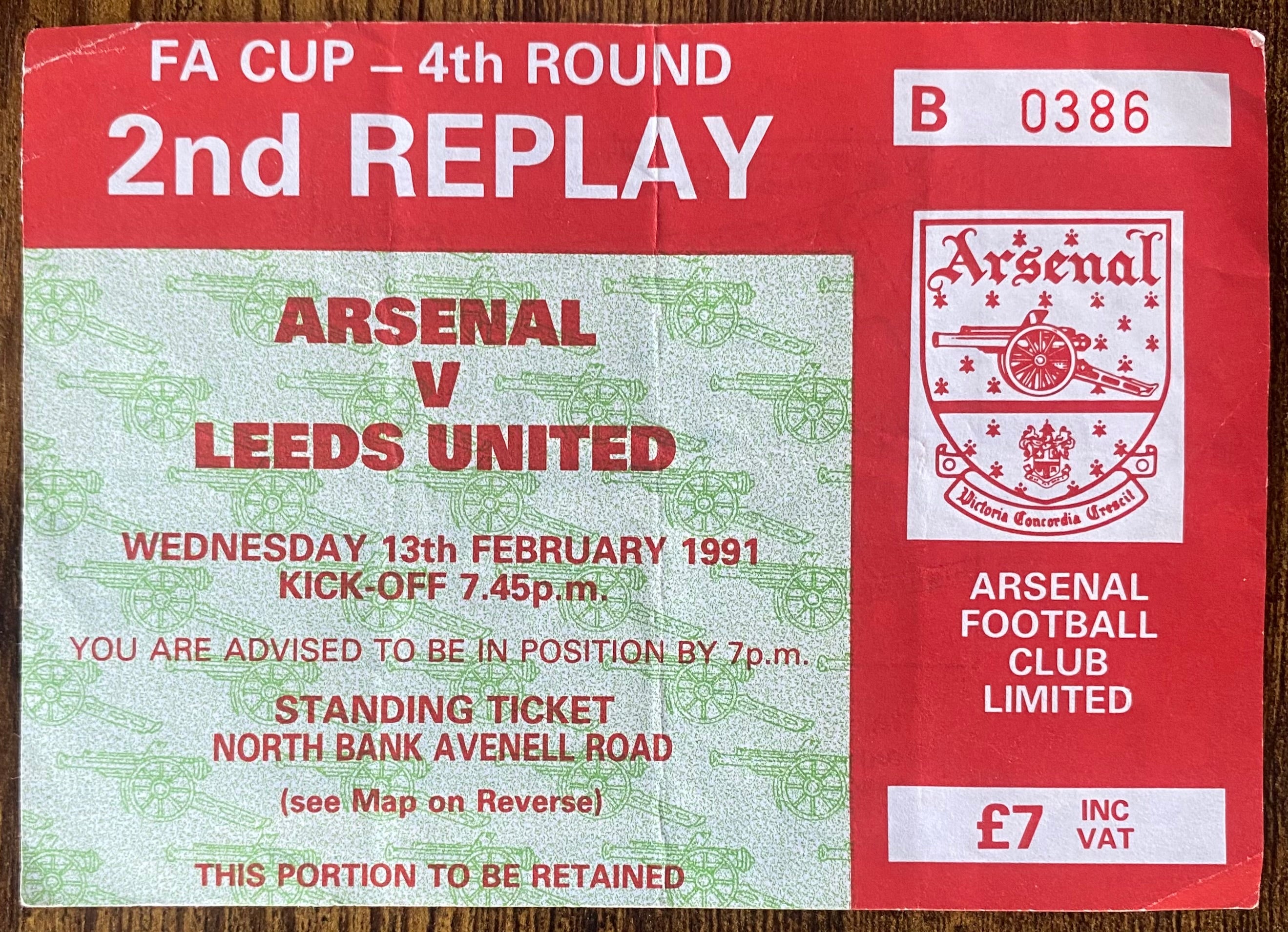 1990/91 ORIGINAL FA CUP 4TH ROUND 2ND REPLAY TICKET ARSENAL V LEEDS UNITED