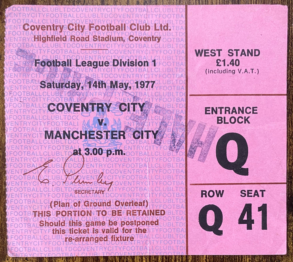 1976/77 ORIGINAL DIVISION 1 TICKET COVENTRY CITY V MANCHESTER CITY