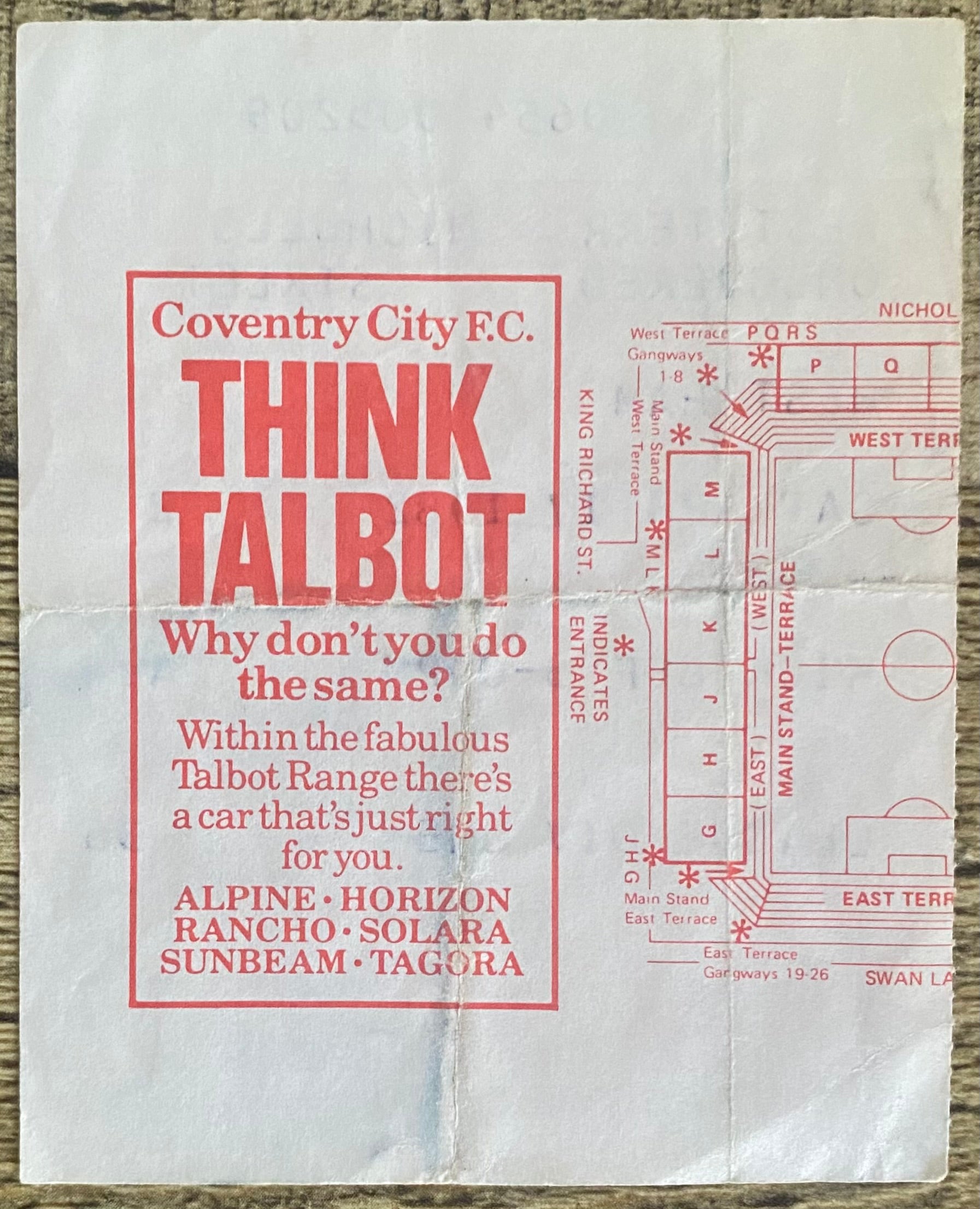 1981/82 ORIGINAL DIVISION 1 TICKET COVENTRY CITY V WEST HAM UNITED