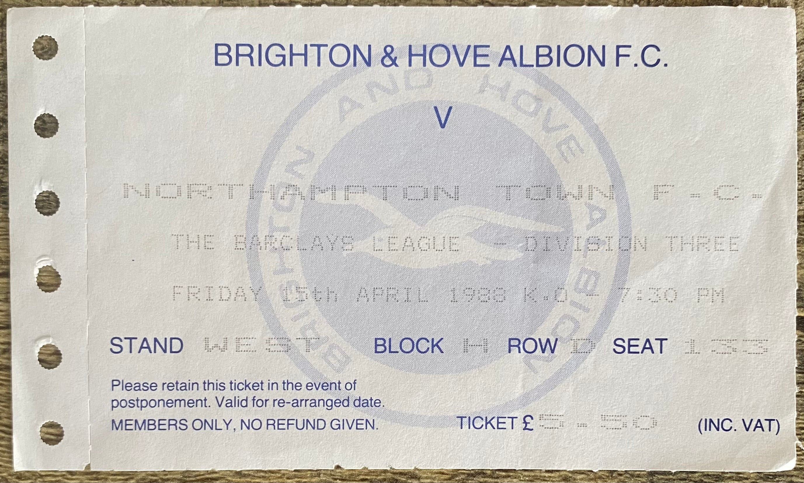 1987/88 ORIGINAL DIVISION 3 TICKET BRIGHTON AND HOVE ALBION V NORTHAMPTON TOWN
