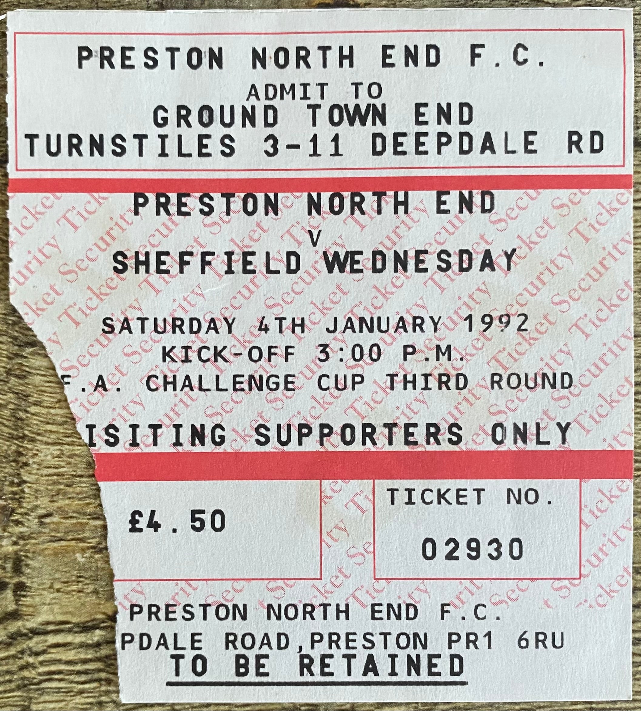1991/92 ORIGINAL FA CUP 3RD ROUND TICKET PRESTON NORTH END V SHEFFIELD WEDNESDAY