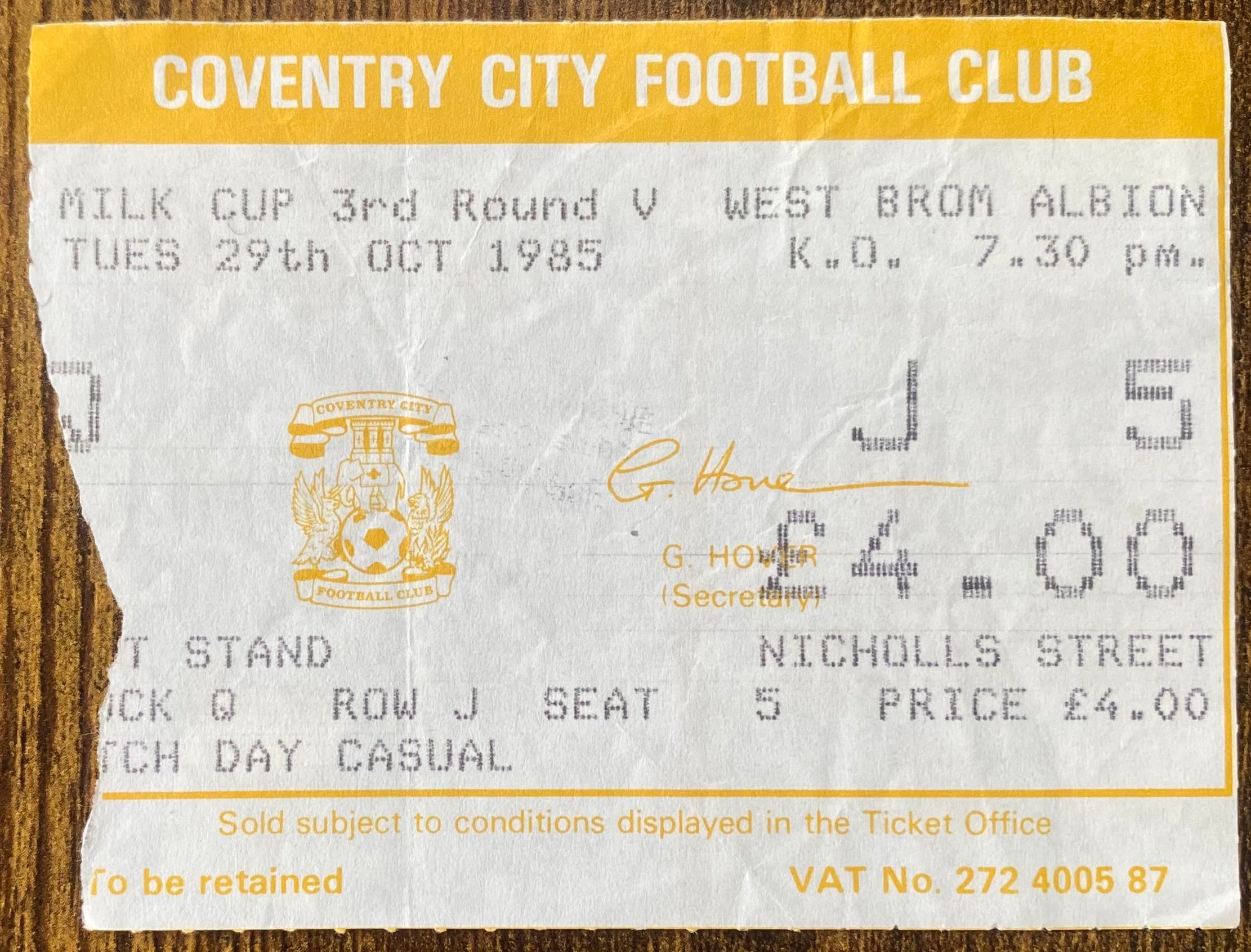 1985/86 ORIGINAL MILK CUP 3RD ROUND TICKET COVENTRY CITY V WEST BROMWICH ALBION