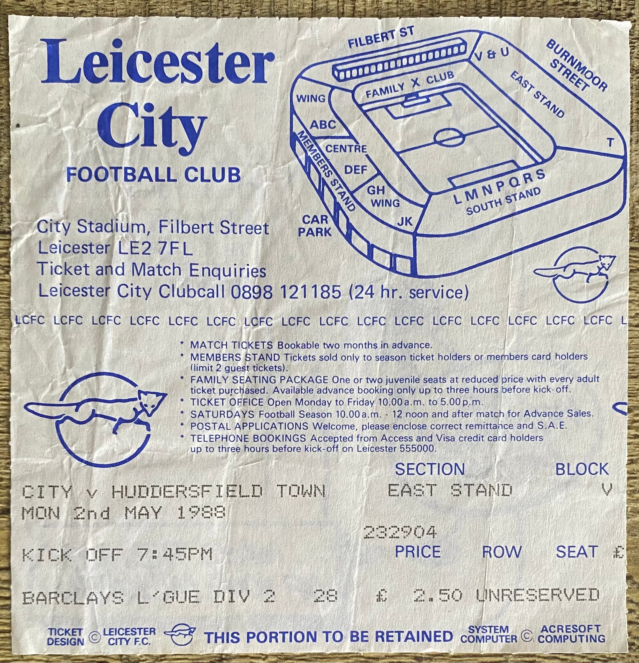 1987/88 ORIGINAL DIVISION 2 TICKET LEICESTER CITY V HUDDERSFIELD TOWN