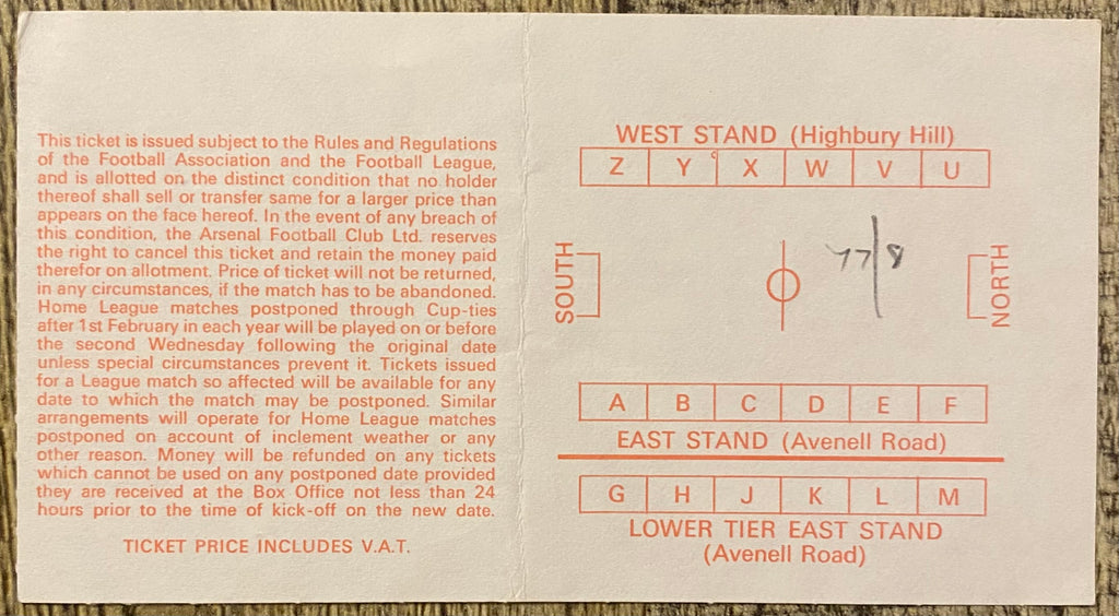1977/78 ORIGINAL FA CUP 5TH ROUND TICKET ARSENAL V WALSALL