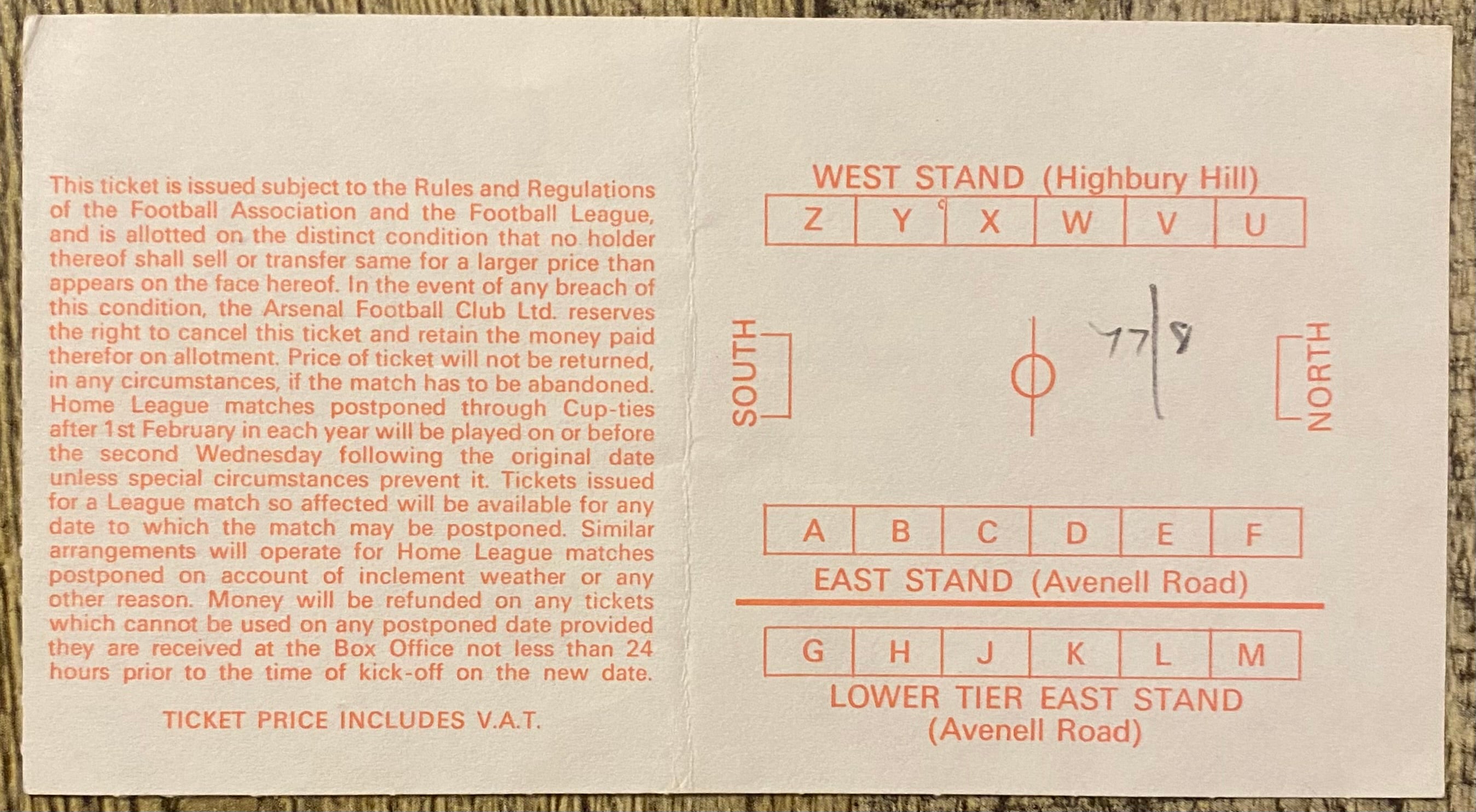 1977/78 ORIGINAL FA CUP 5TH ROUND TICKET ARSENAL V WALSALL