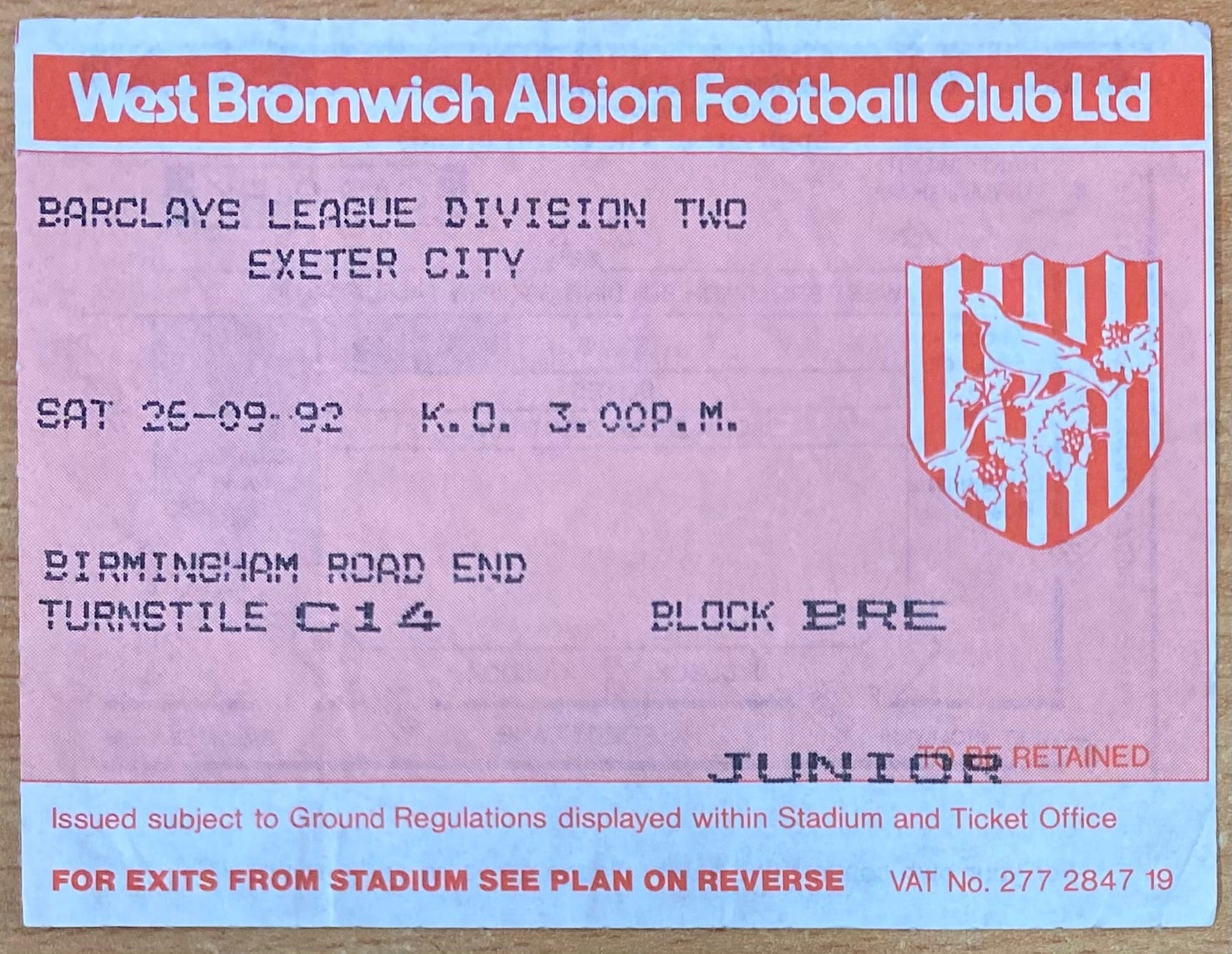1992/93 ORIGINAL DIVISION 2 TICKET WEST BROMWICH ALBION V EXETER CITY