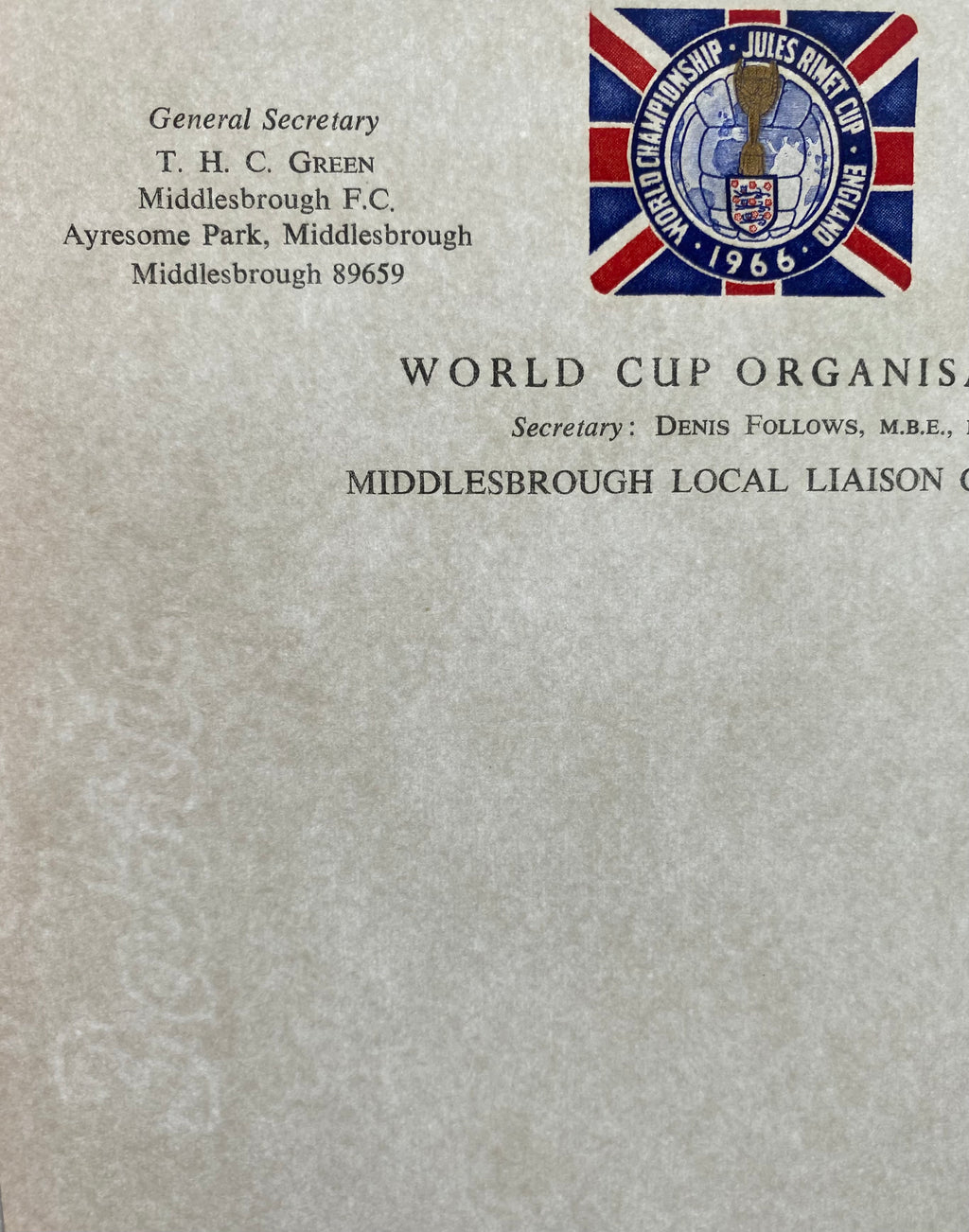 1966 WORLD CUP ORGANISATION ORIGINAL OFFICIAL UNUSED LETTER AYRESOME PARK