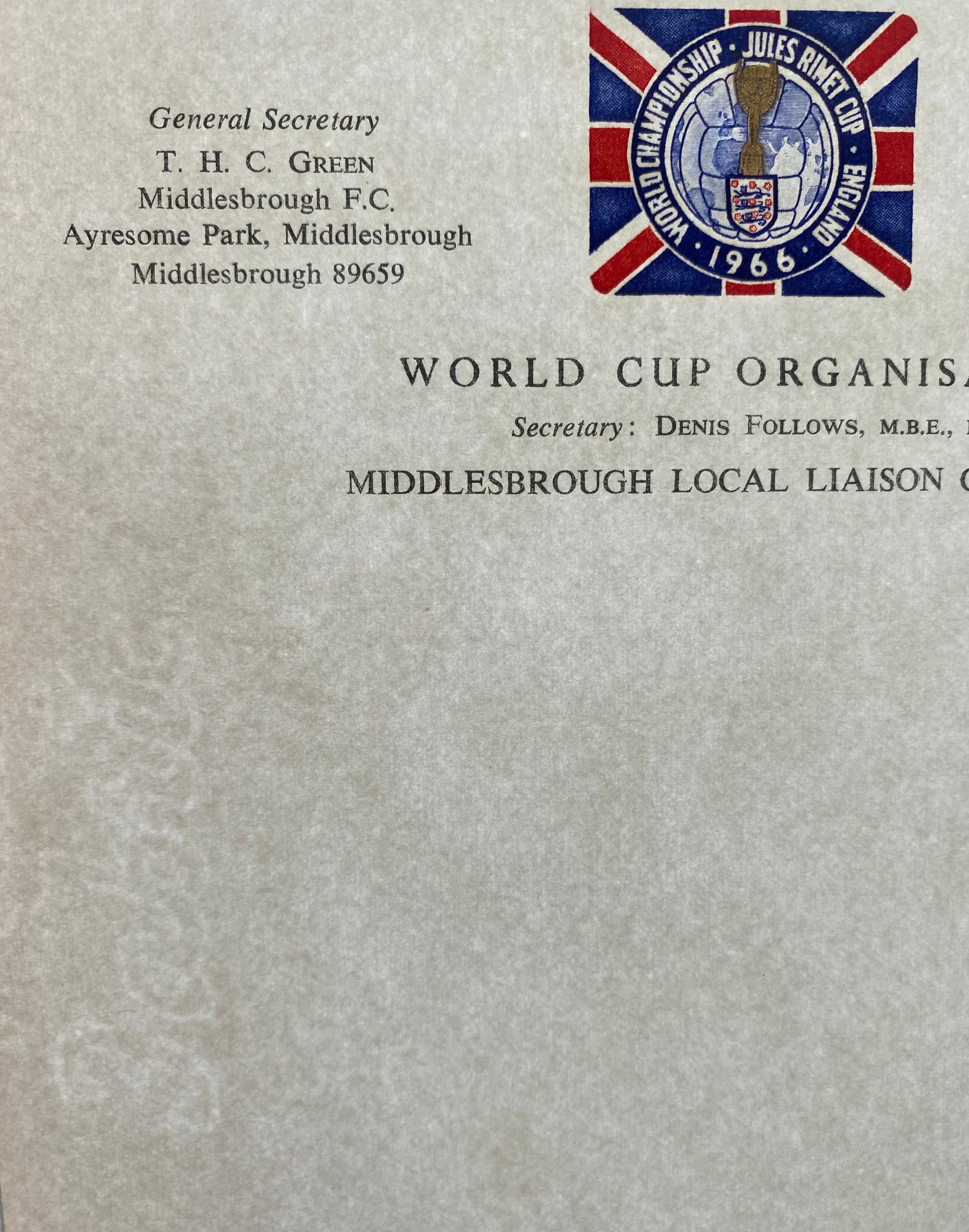 1966 WORLD CUP ORGANISATION ORIGINAL OFFICIAL UNUSED LETTER AYRESOME PARK