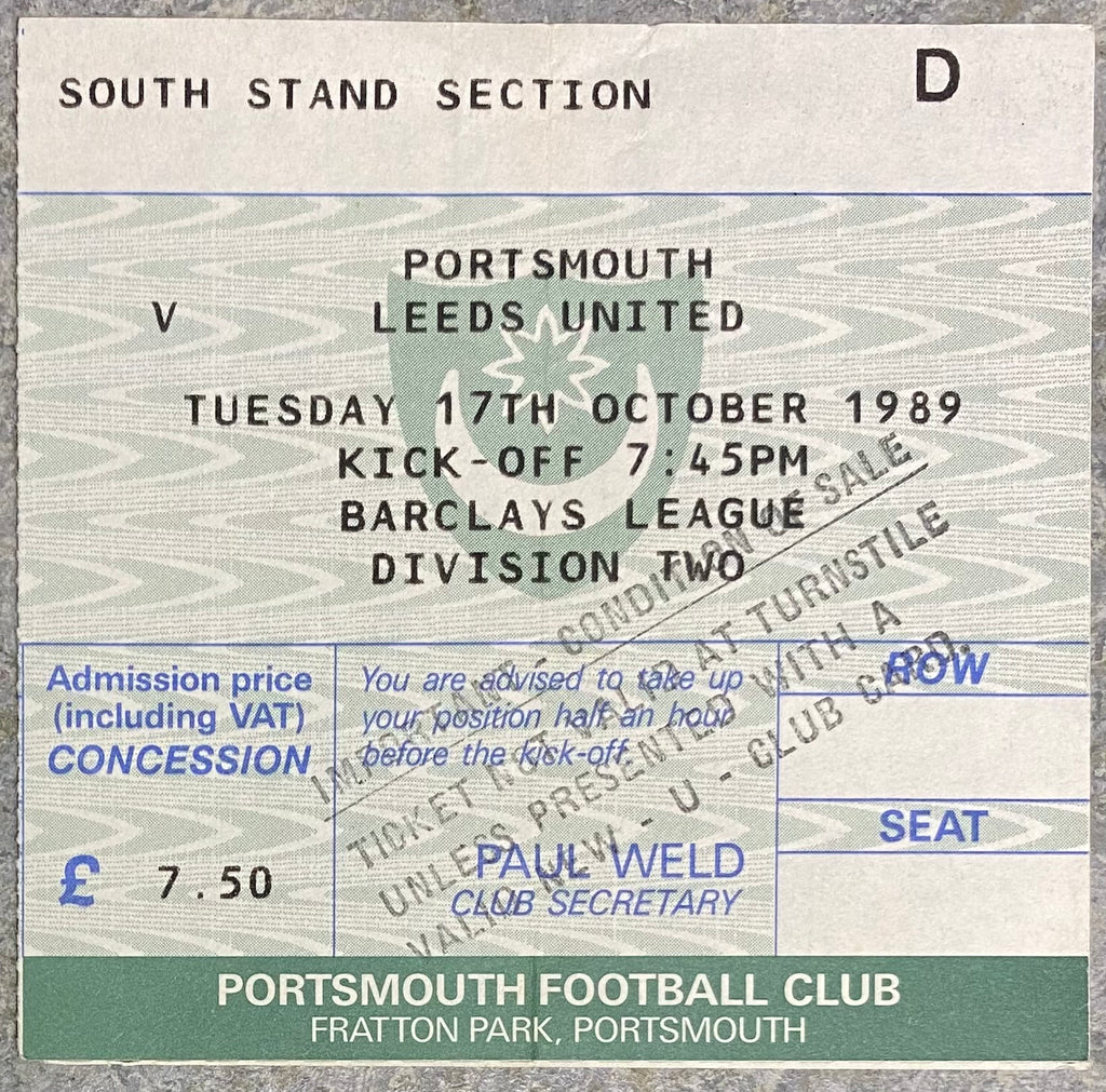 1989/90 ORIGINAL DIVISION TWO TICKET PORTSMOUTH V LEEDS UNITED