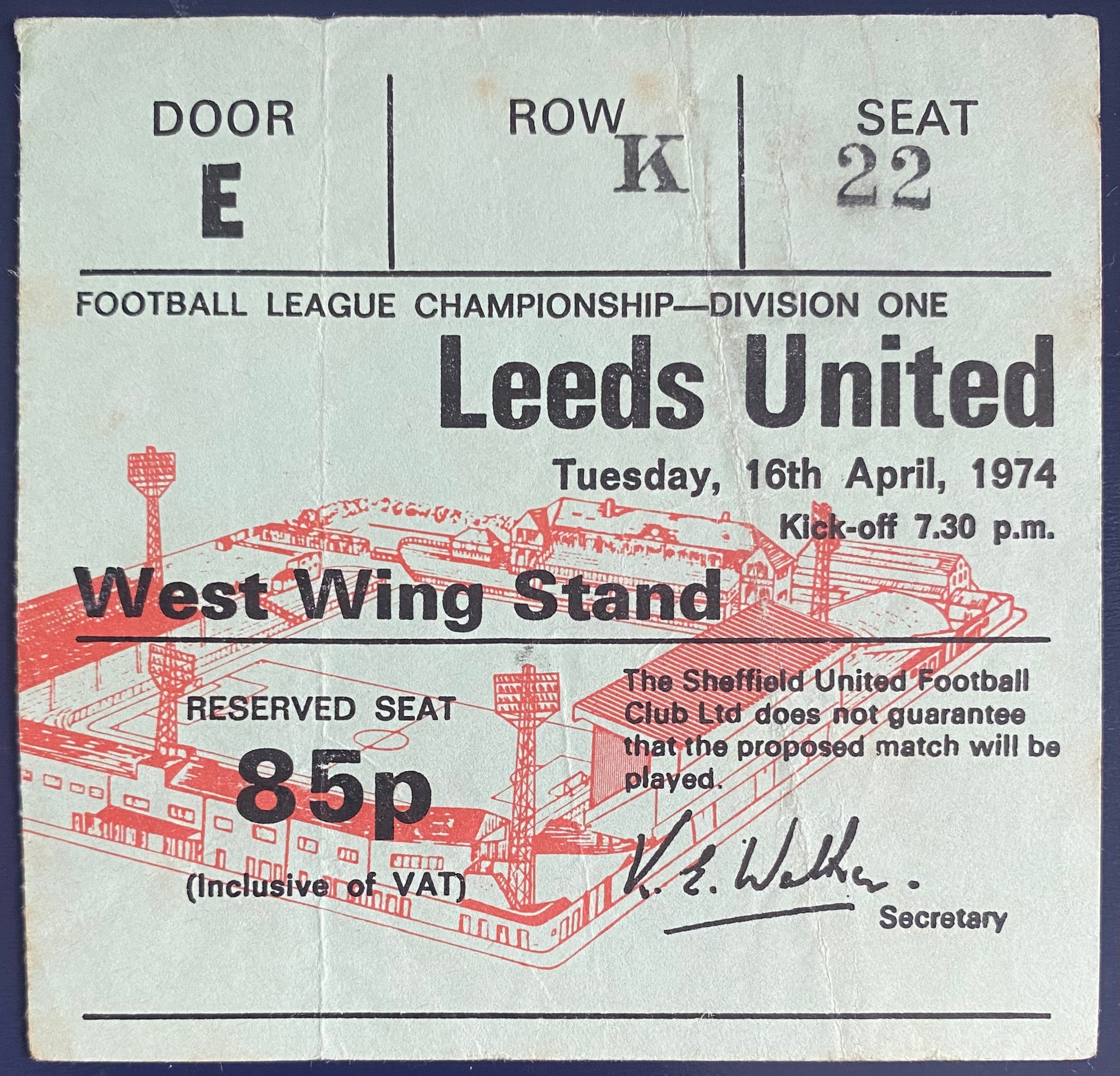 1973/74 ORIGINAL DIVISION 1 TICKET SHEFFIELD UNITED V LEEDS UNITED