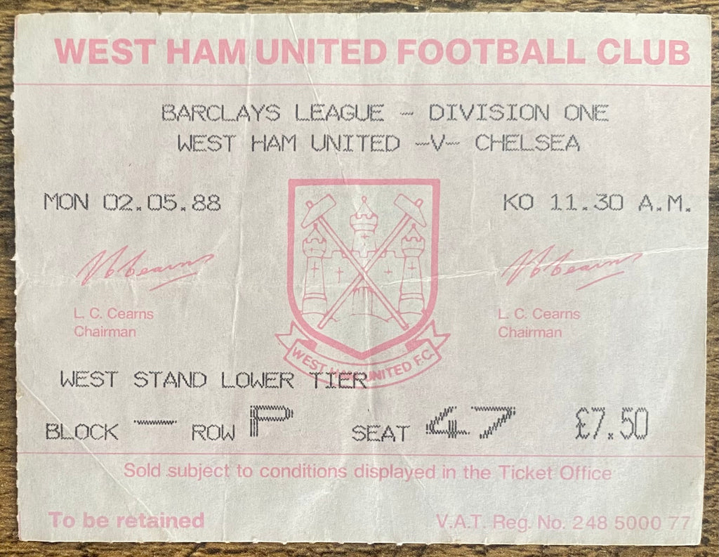 1987/88 ORIGINAL DIVISION ONE TICKET WEST HAM UNITED V CHELSEA