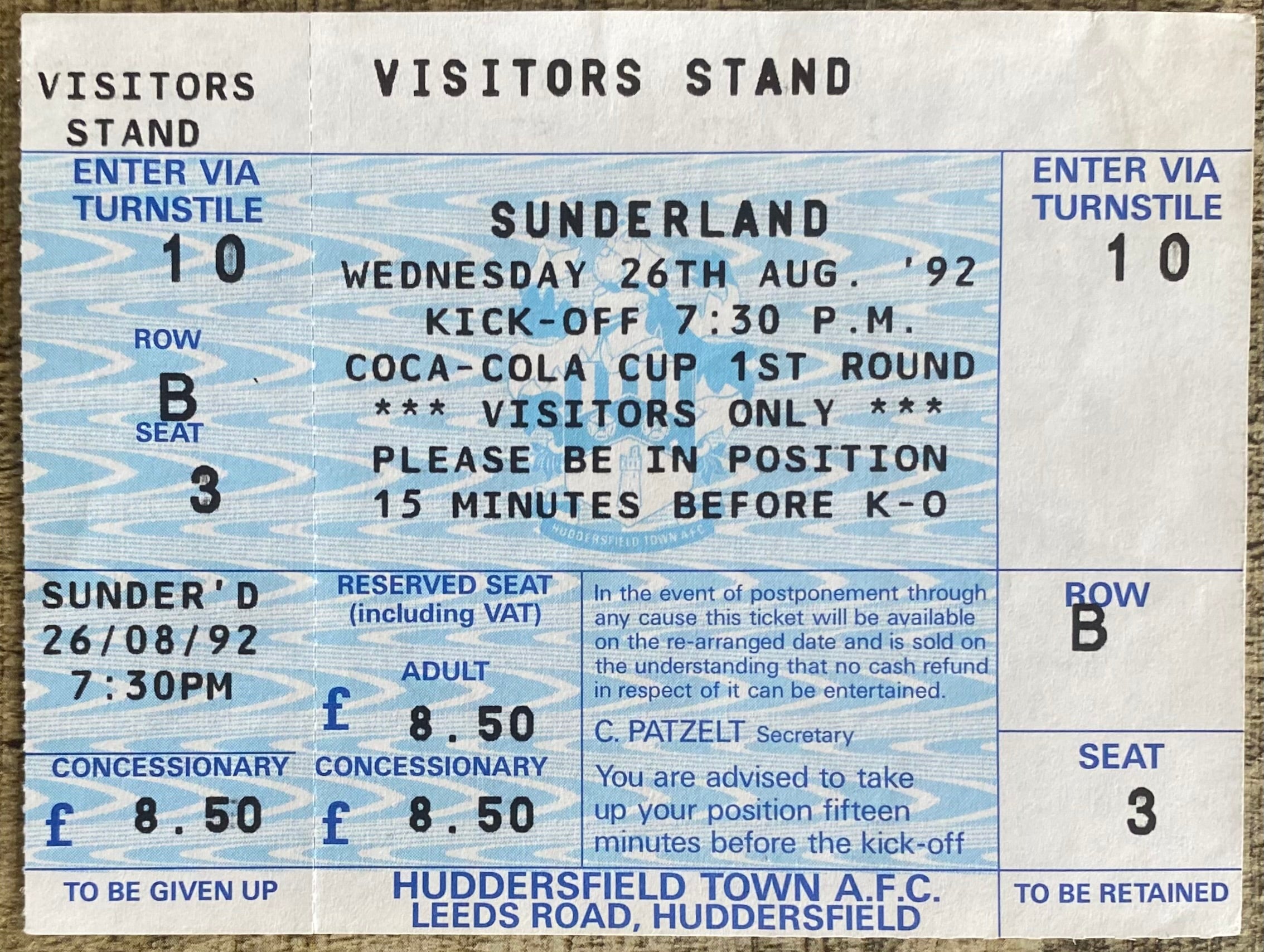 1992/93 ORIGINAL COCA COLA CUP 1ST ROUND 2ND LEG UNUSED TICKET HUDDERSFIELD TOWN V SUNDERLAND