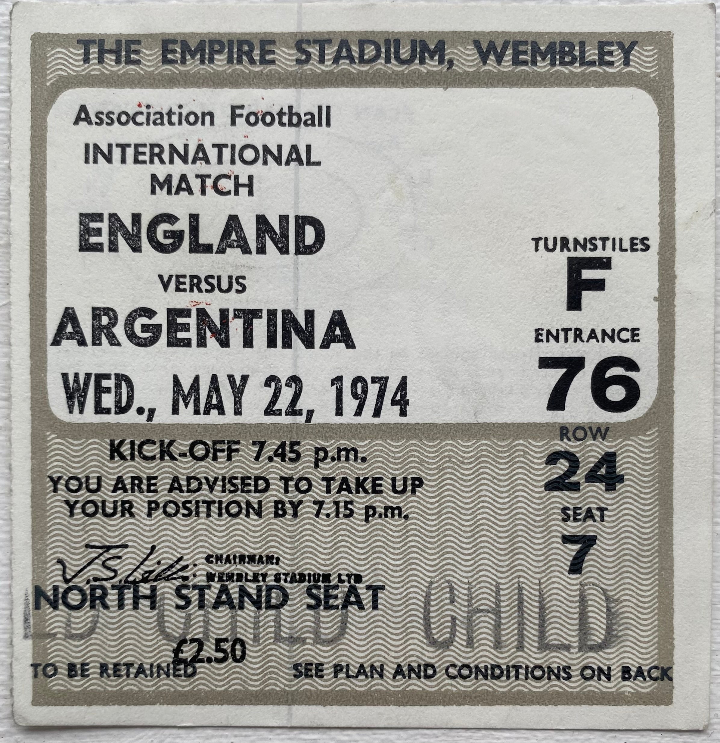 1970 ORIGINAL INTERNATIONAL TICKET ENGLAND V ARGENTINA