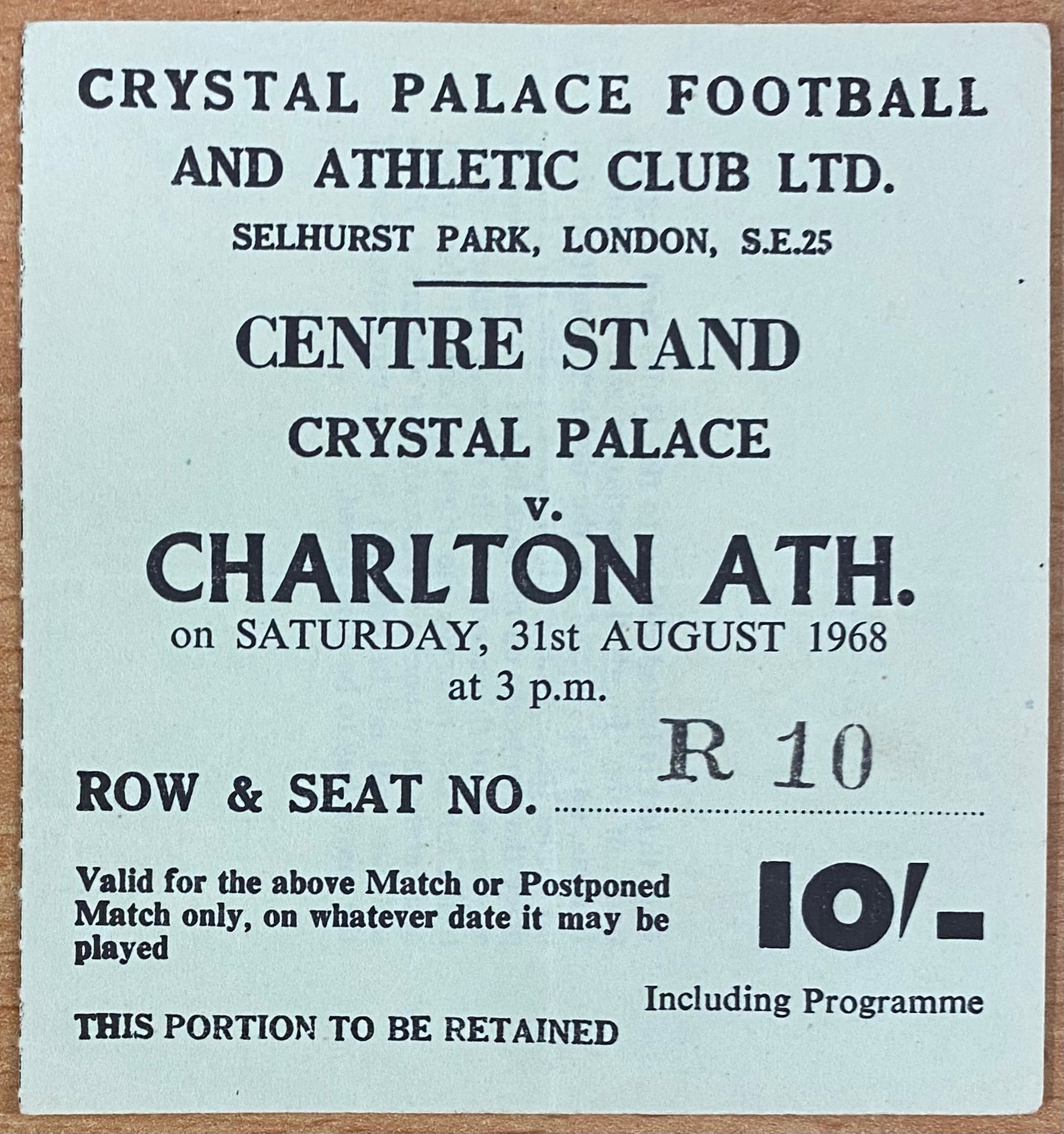 1968/69 ORIGINAL DIVISION 2 TICKET CRYSTAL PALACE V CHARLTON ATHLETIC