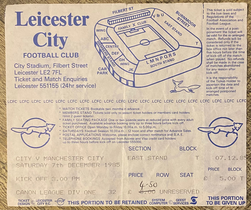 1985/86 ORIGINAL DIVISION 1 UNUSED TICKET LEICESTER CITY V MANCHESTER CITY