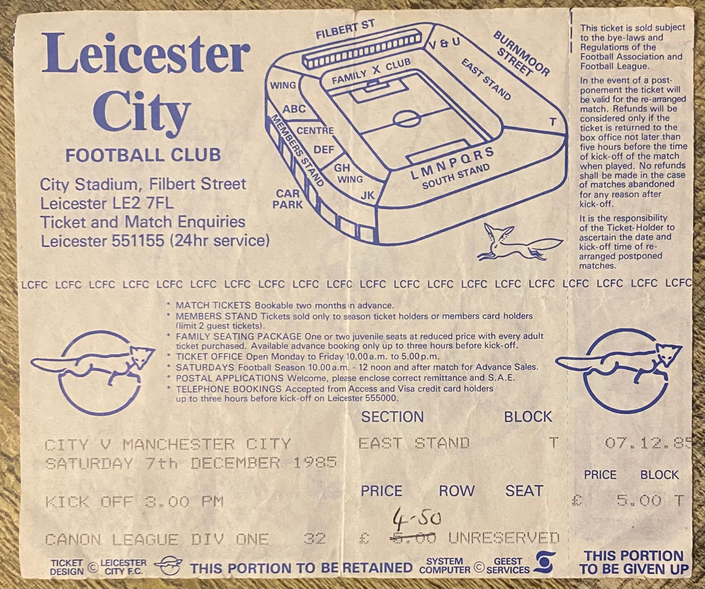 1985/86 ORIGINAL DIVISION 1 UNUSED TICKET LEICESTER CITY V MANCHESTER CITY