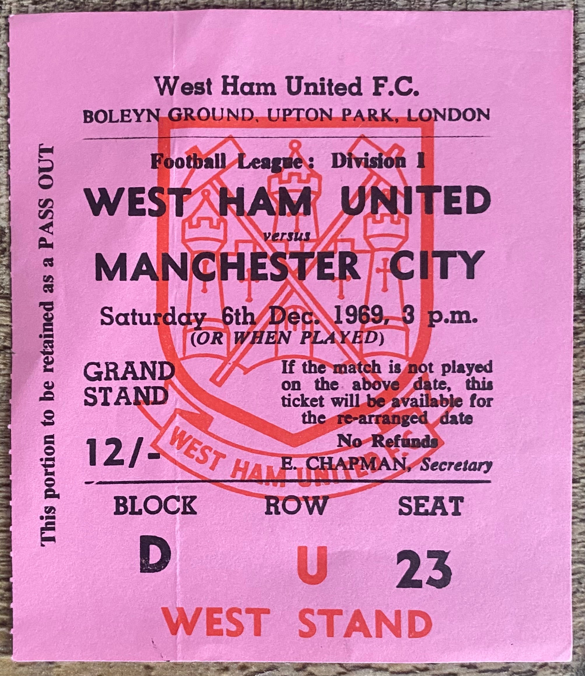 1969/70 ORIGINAL DIVISION 1 TICKET WEST HAM UNITED V MANCHESTER CITY