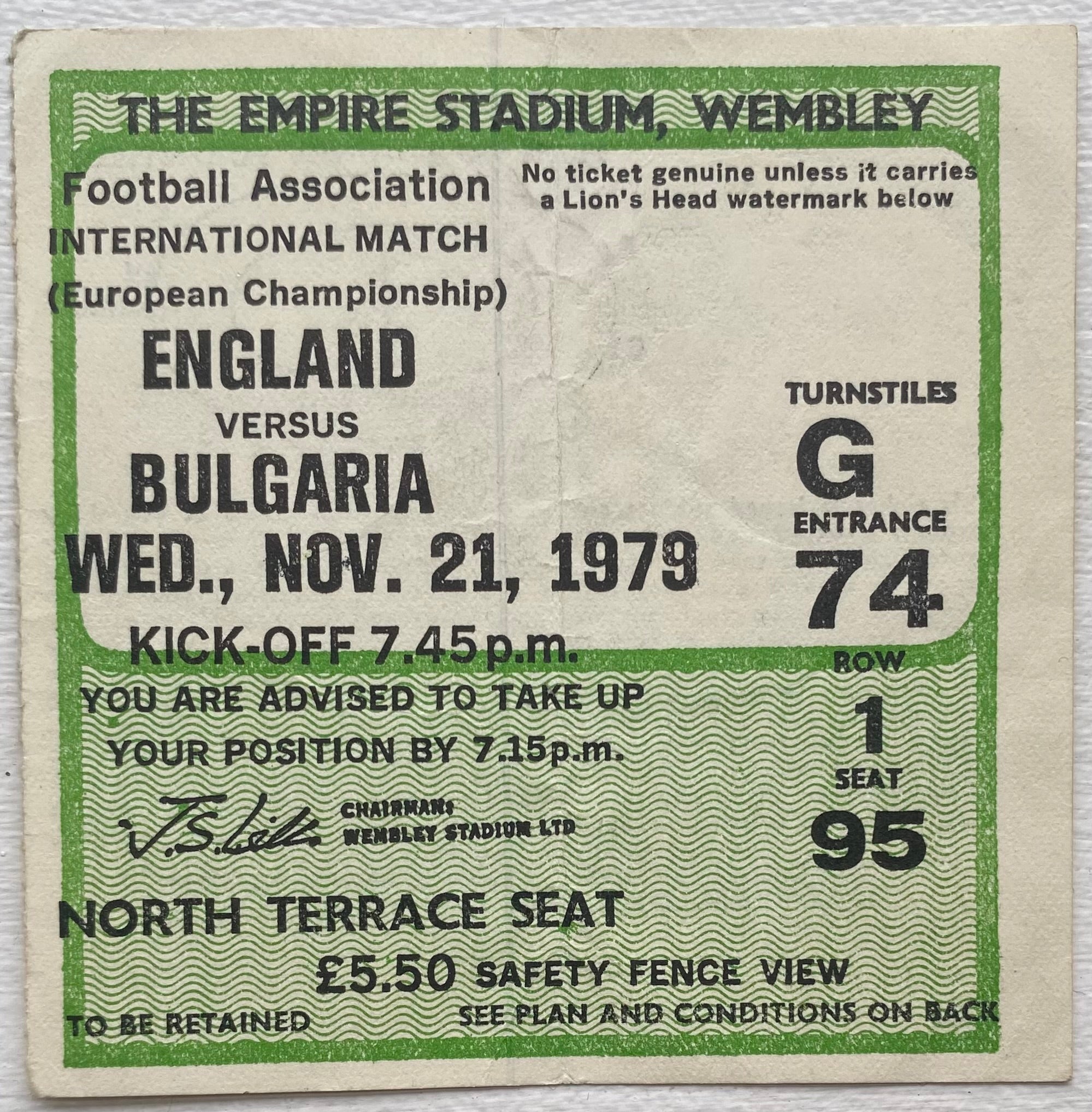 1979 ORIGINAL EUROPEAN CHAMPIONSHIPS QUALIFYING TICKET ENGLAND V BULGARIA