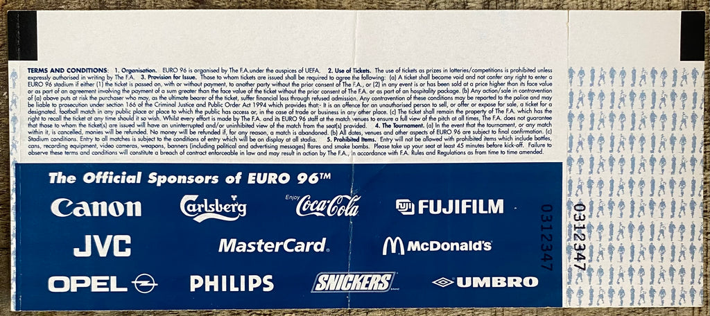 1996 ORIGINAL EUROPEAN CHAMPIONSHIPS EURO 96 UNUSED TICKET NETHERLANDS V SWITZERLAND @ VILLA PARK