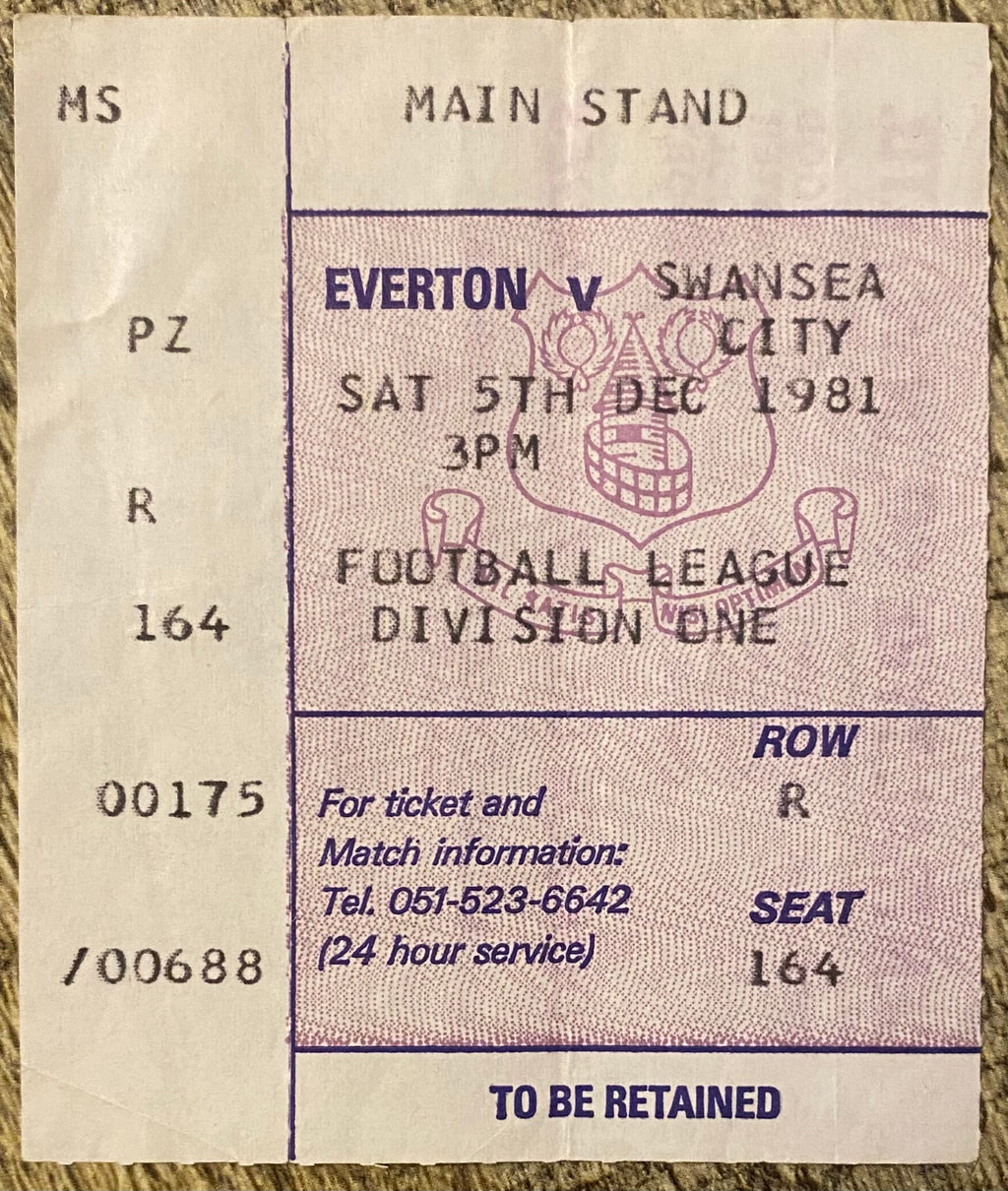 1981/82 ORIGINAL DIVISION ONE TICKET EVERTON V SWANSEA CITY