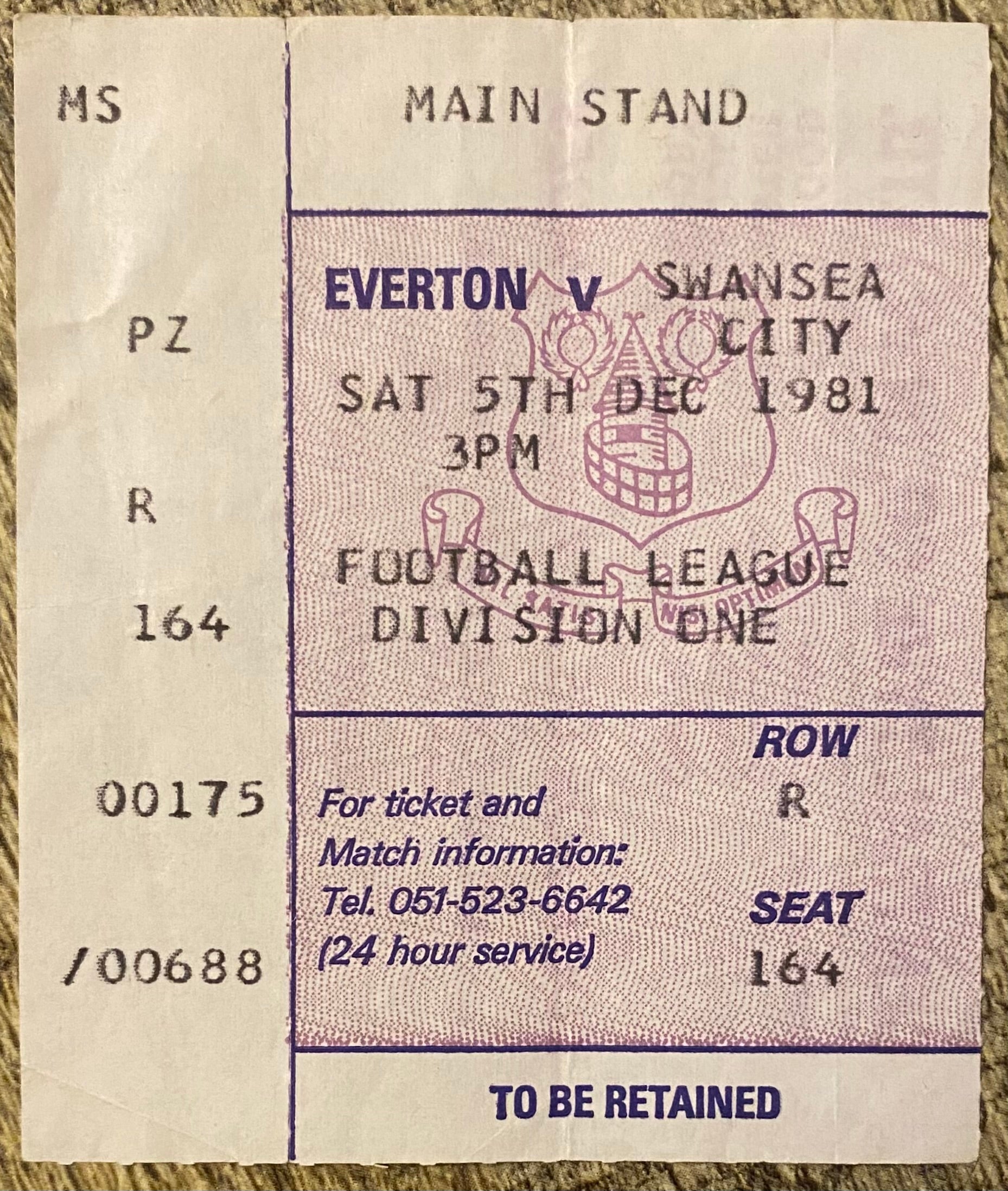 1981/82 ORIGINAL DIVISION ONE TICKET EVERTON V SWANSEA CITY