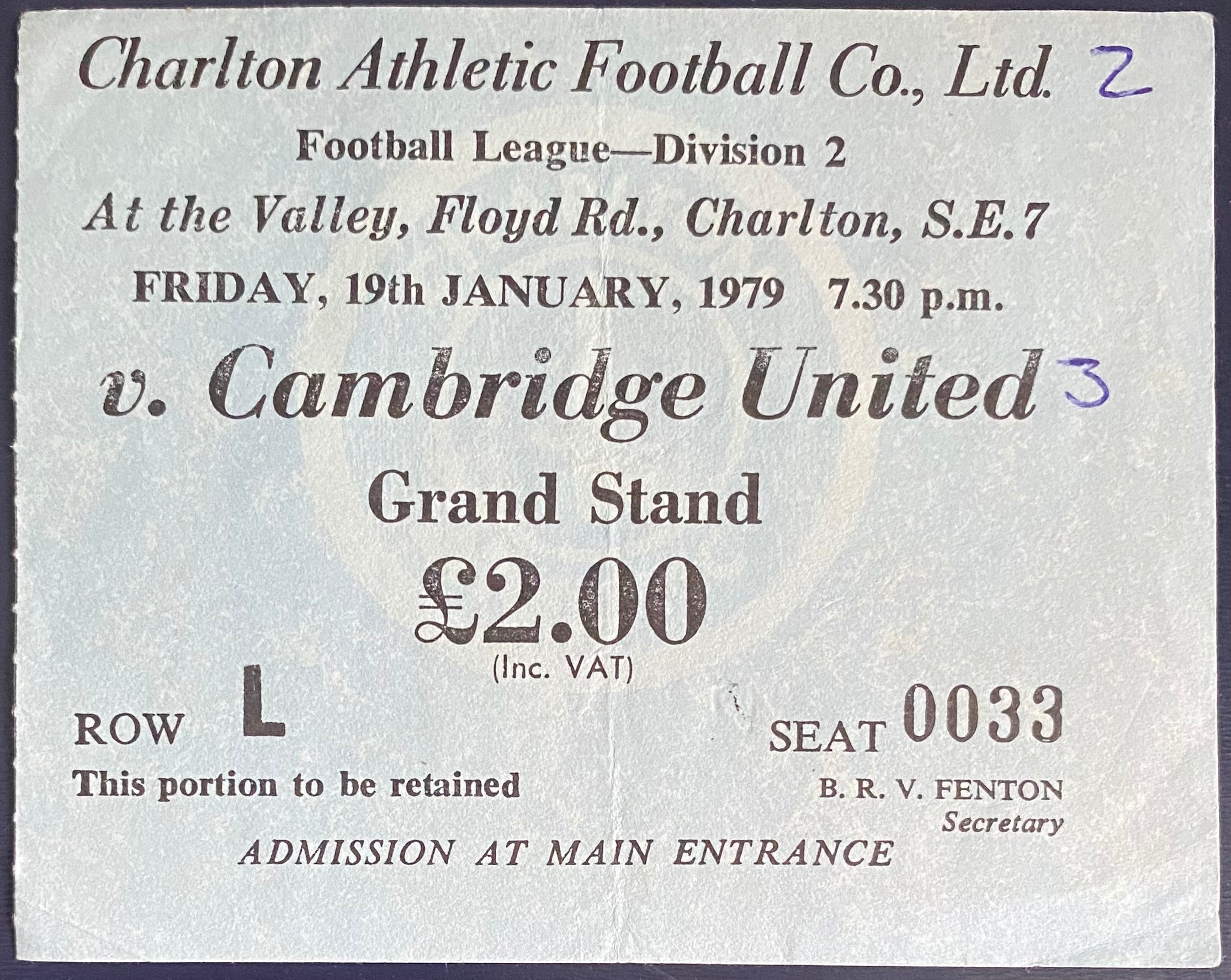 1978/79 ORIGINAL DIVISION 2 TICKET CHARLTON ATHLETIC V CAMBRIDGE UNITED