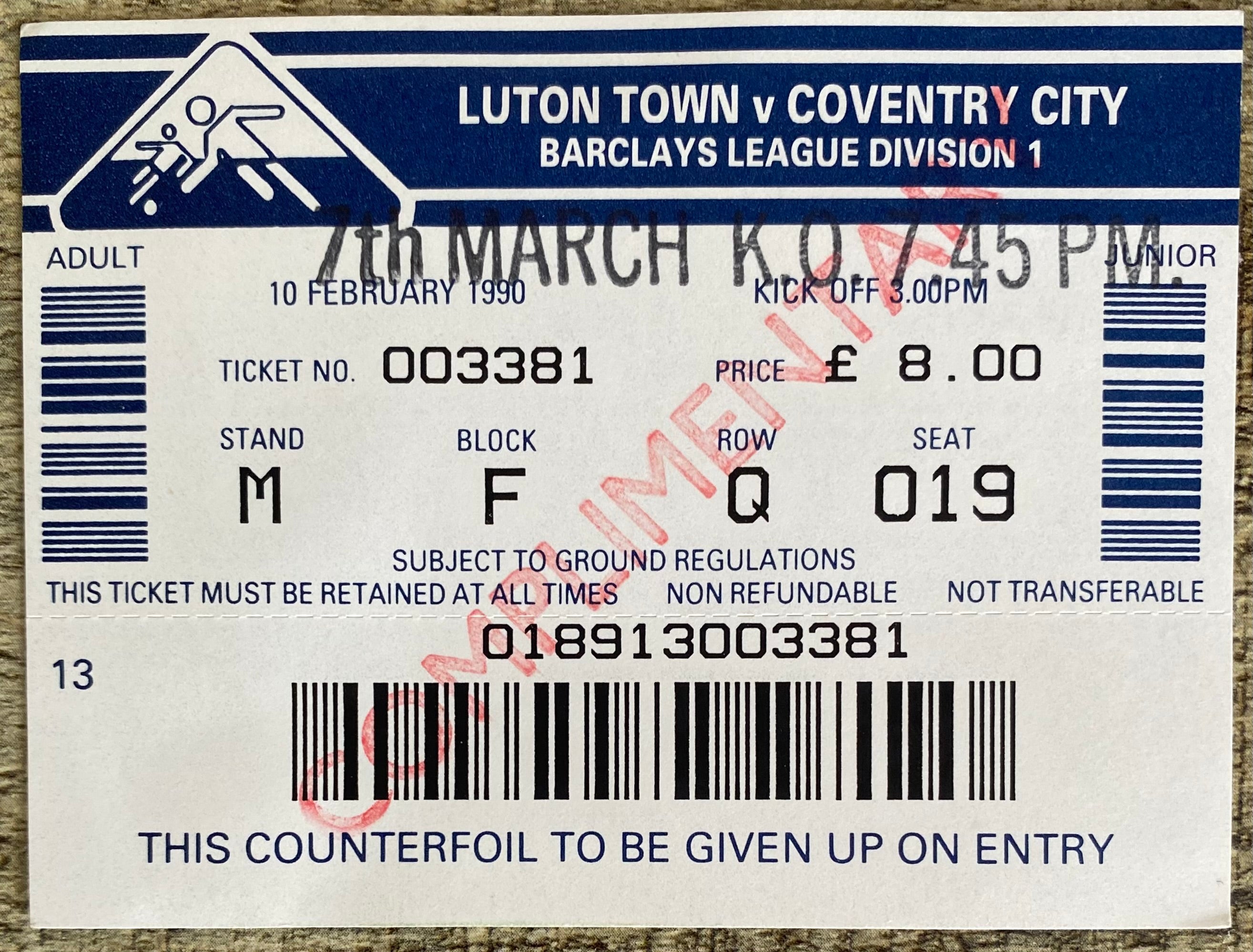 1989/90 ORIGINAL DIVISION 1 UNUSED TICKET LUTON TOWN V COVENTRY CITY
