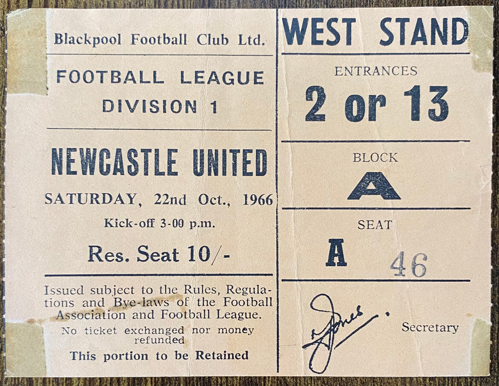 1966/67 ORIGINAL DIVISION 1 TICKET BLACKPOOL V NEWCASTLE UNITED