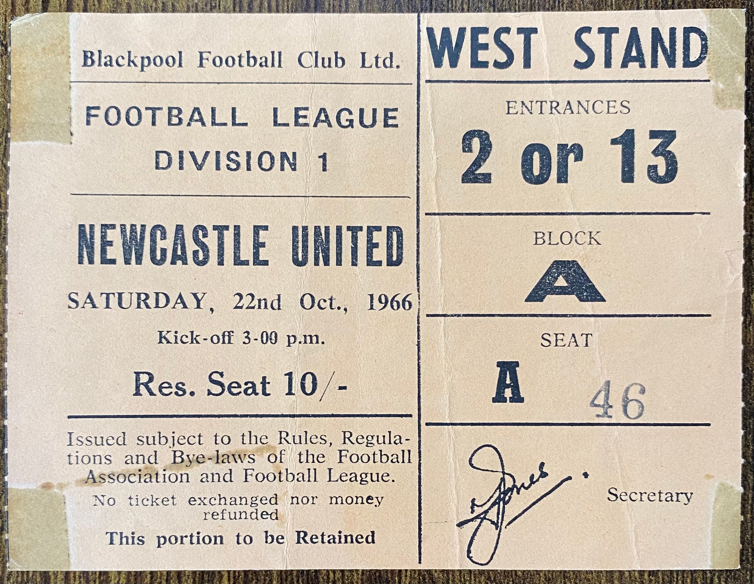 1966/67 ORIGINAL DIVISION 1 TICKET BLACKPOOL V NEWCASTLE UNITED