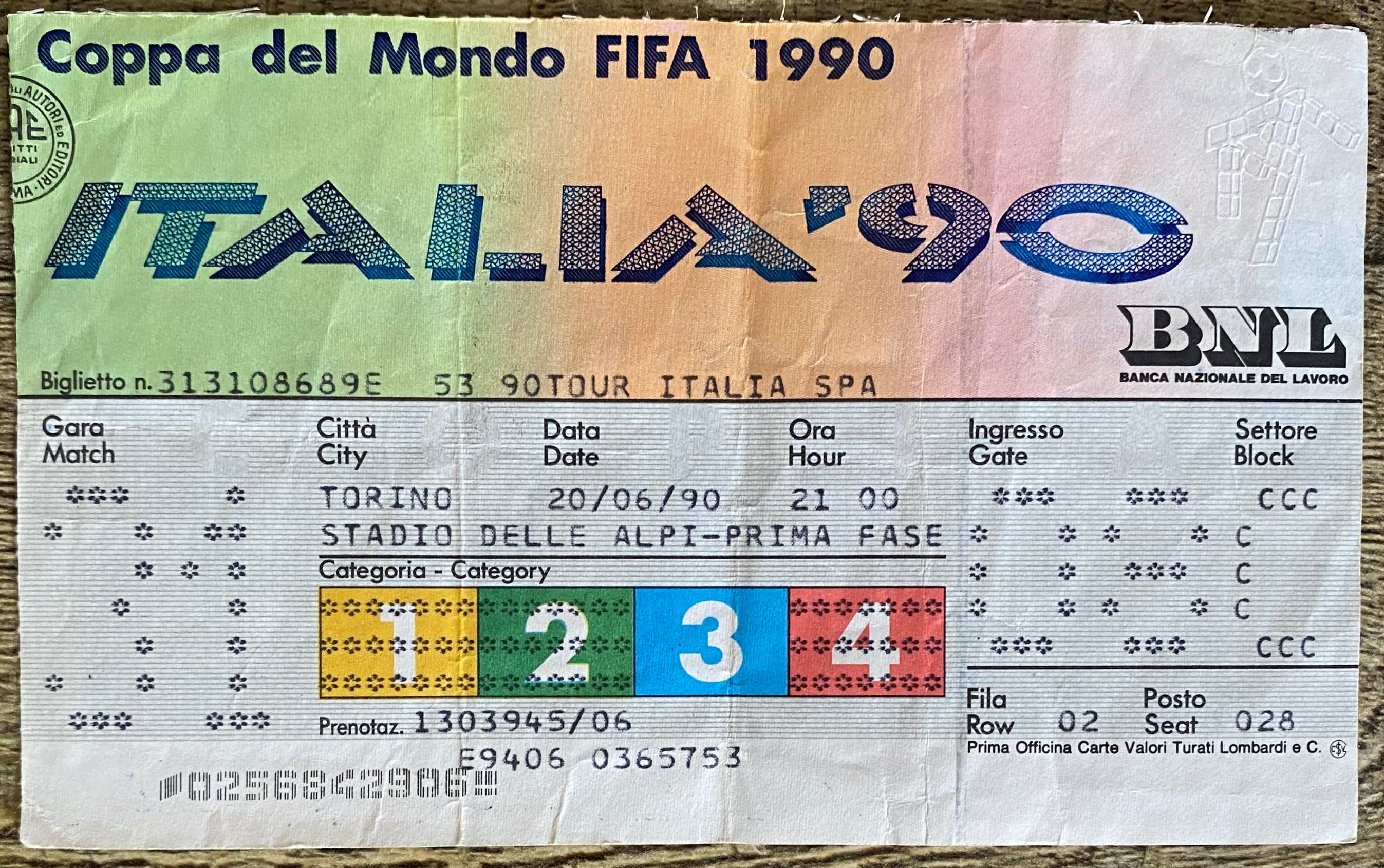 1990 ORIGINAL WORLD CUP 1ST ROUND TICKET SCOTLAND V BRAZIL @ TURIN
