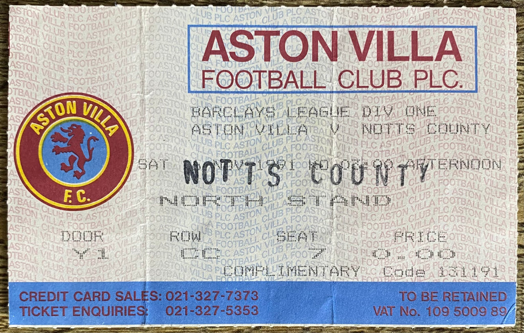 1991/92 ORIGINAL DIVISION 1 TICKET ASTON VILLA V NOTTS COUNTY