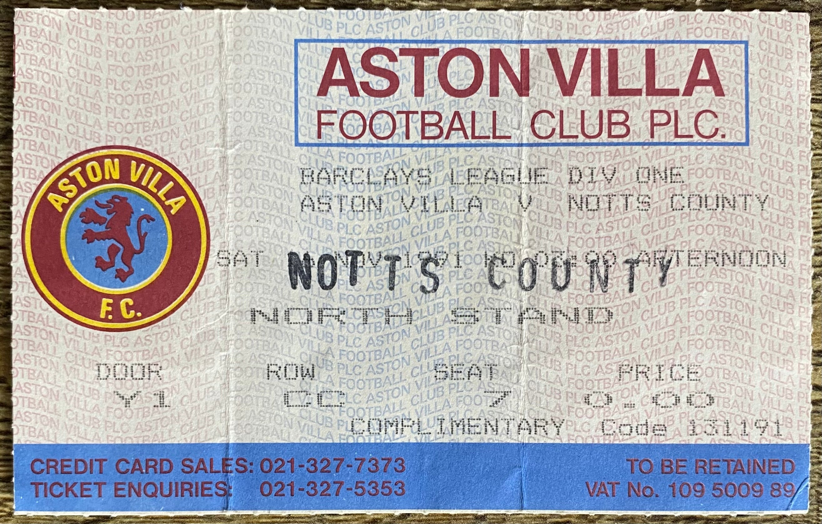 1991/92 ORIGINAL DIVISION 1 TICKET ASTON VILLA V NOTTS COUNTY