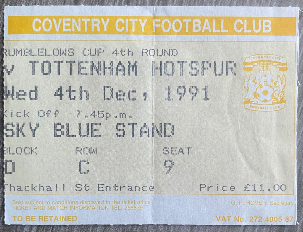1991/92 ORIGINAL RUMBELOWS CUP 4TH ROUND TICKET COVENTRY CITY V TOTTENHAM HOTSPUR