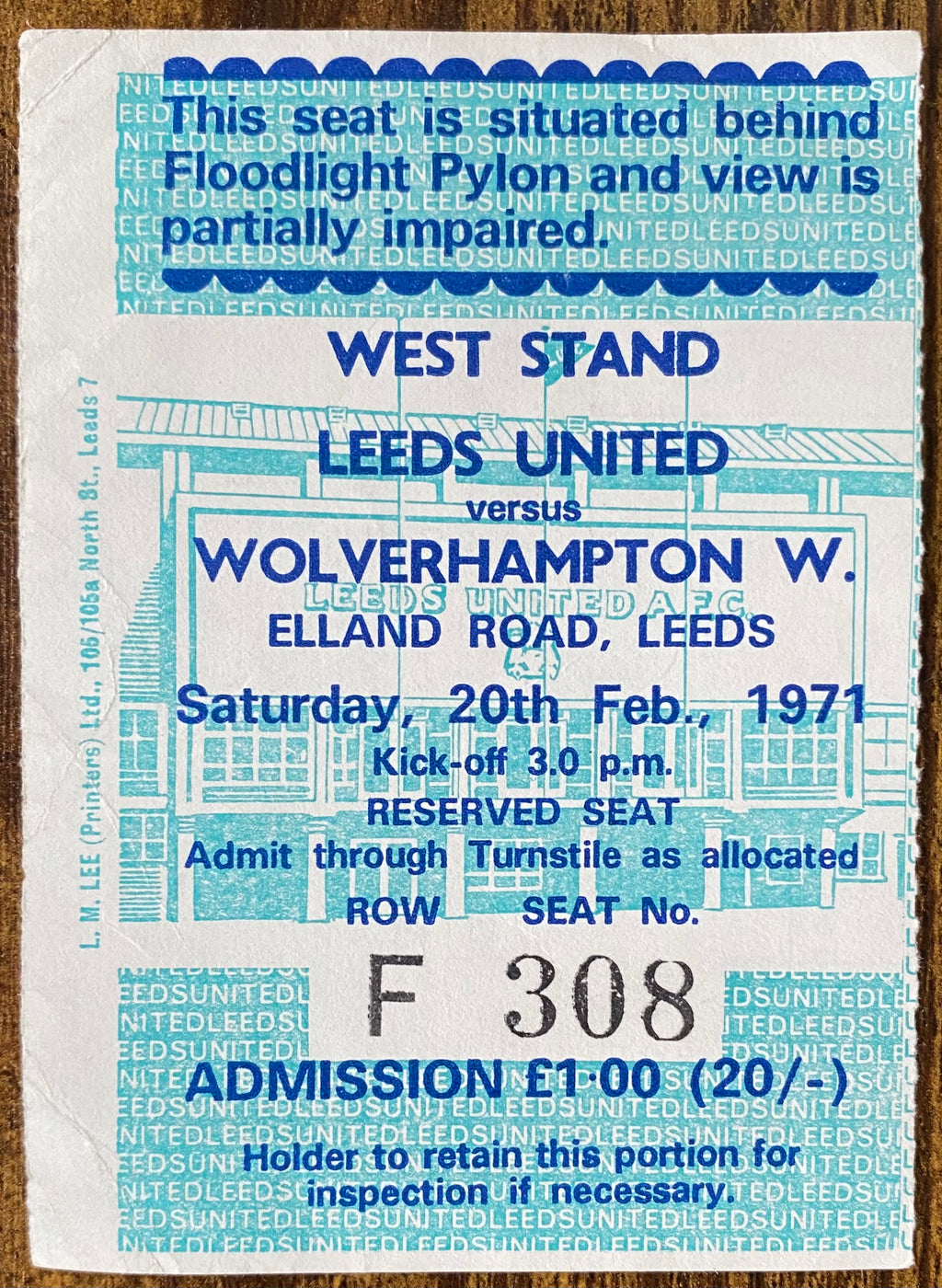 1970/71 ORIGINAL DIVISION ONE TICKET LEEDS UNITED V WOLVERHAMPTON WANDERERS