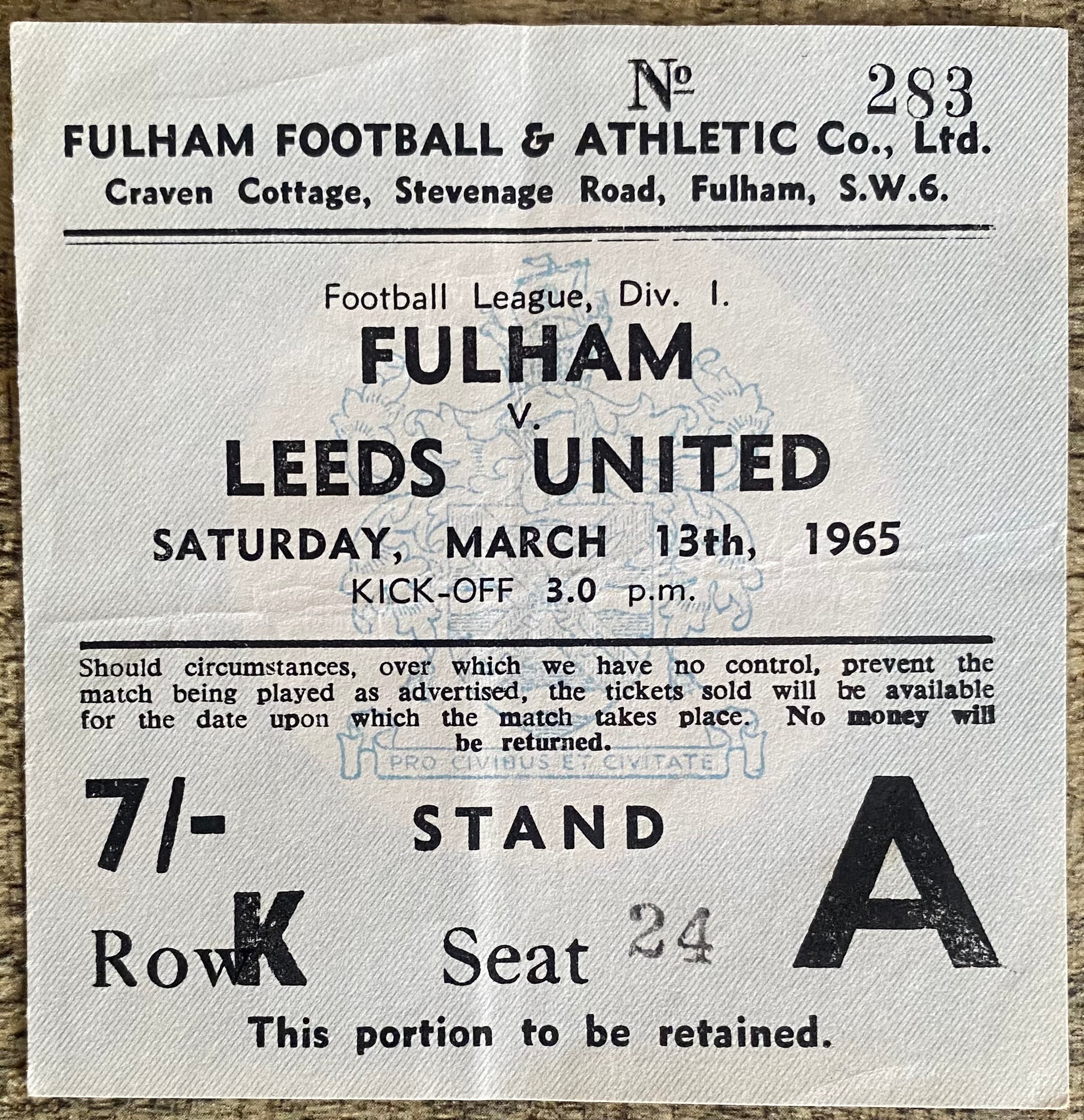 1964/65 ORIGINAL DIVISION 1 TICKET FULHAM V LEEDS UNITED