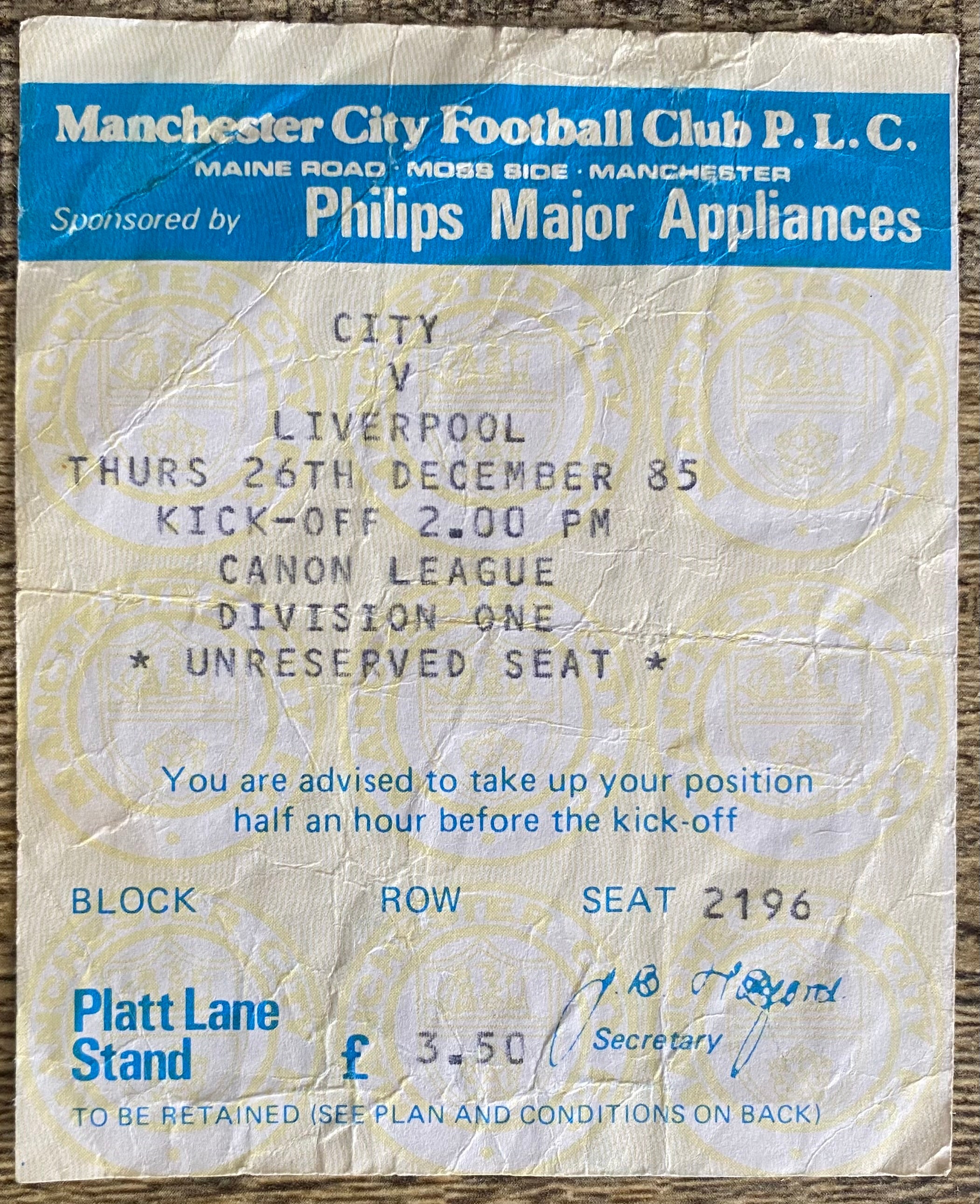 1985/86 ORIGINAL DIVISION ONE TICKET MANCHESTER CITY V LIVERPOOL