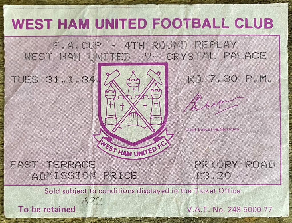 1983/84 ORIGINAL FA CUP 4TH ROUND REPLAY TICKET WEST HAM UNITED V CRYSTAL PALACE