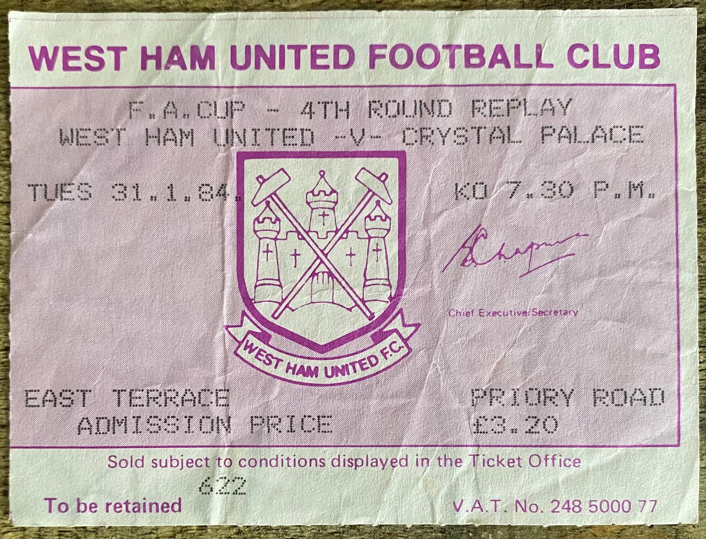 1983/84 ORIGINAL FA CUP 4TH ROUND REPLAY TICKET WEST HAM UNITED V CRYSTAL PALACE