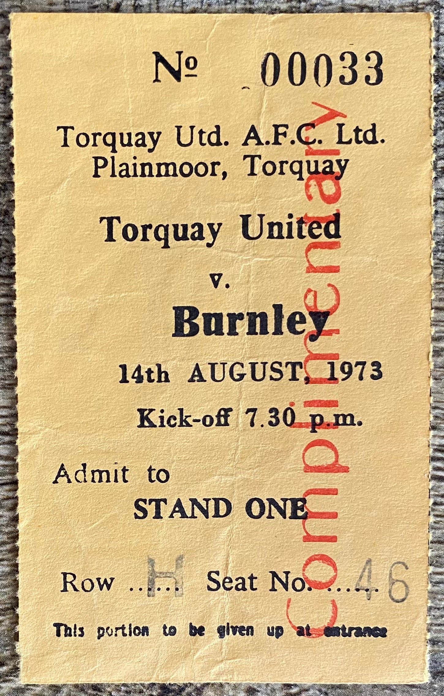 1973/74  ORIGINAL PRE SEASON FRIENDLY TICKET TORQUAY UNITED V BURNLEY