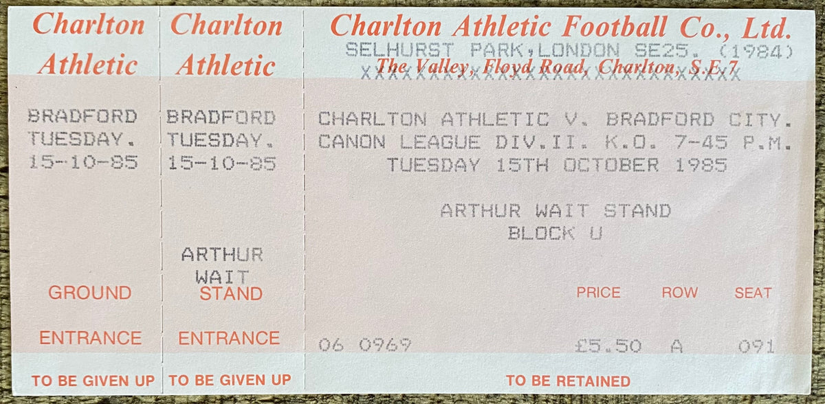 1985/86 ORIGINAL DIVISION 2 UNUSED TICKET CHARLTON ATHLETIC V BRADFORD CITY