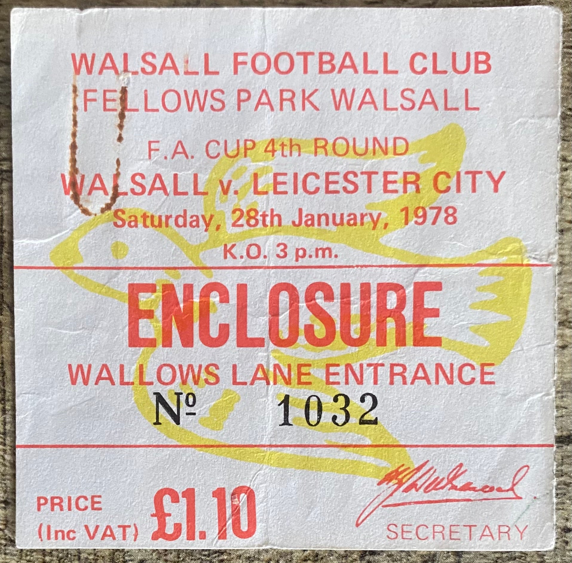 1977/78 ORIGINAL FA CUP 4TH ROUND TICKET WALSALL V LEICESTER CITY